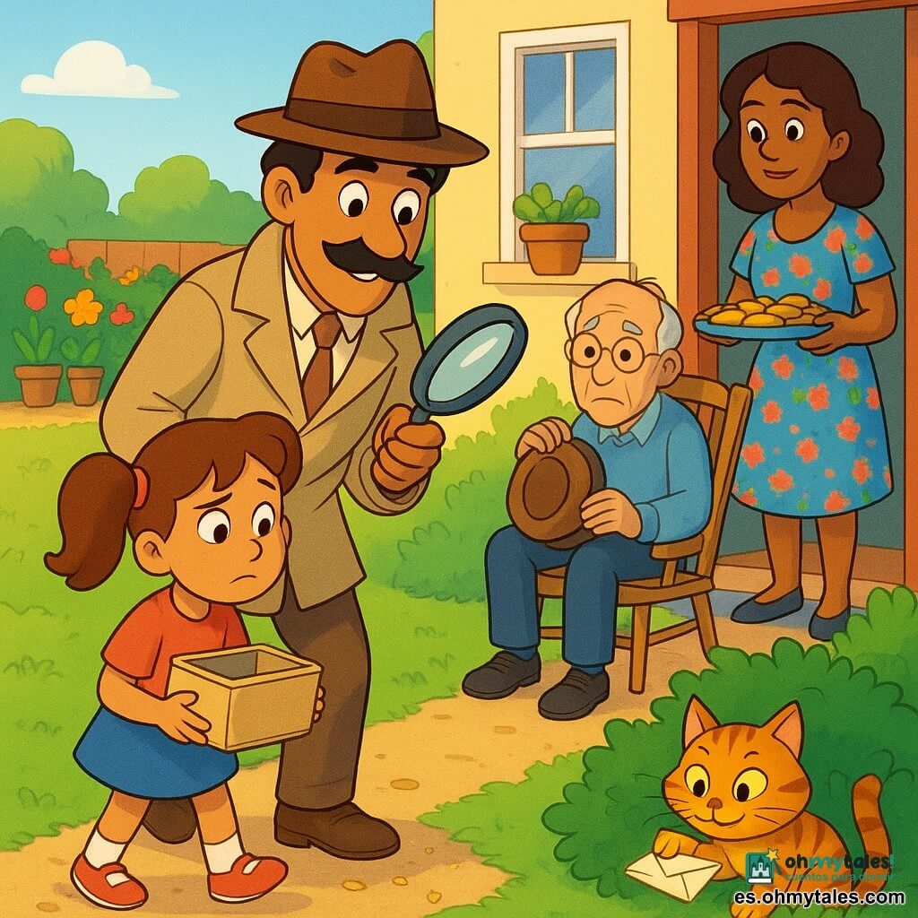 Un detective alto y bigotudo con sombrero marrón y chaqueta beige arrugada examina migas en el suelo con una lupa, sonriendo y concentrado; Lucía, 8 años, pelo castaño en dos coletas, preocupada luego aliviada, sostiene una caja de galletas vacía junto al detective; el abuelo, unos 70 años, pelo gris, gafas redondas y expresión tímida, sentado en una silla de jardín sujetando su sombrero; la madre, unos 35 años, con vestido de flores, trae una bandeja de galletas desde la puerta de la cocina; el gato naranja Pipo, de pelaje rayado y mirada traviesa, está en un arbusto con un sobre brillante entre las patas; jardín primaveral soleado con ventana de cocina abierta, mesa de jardín, macetas y parterres floridos; todos siguen una huella de migas que conduce al arbusto donde está el sobre, luz suave y colores vivos, ambiente cálido.