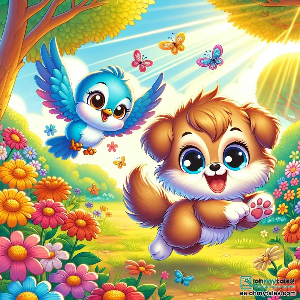 Un pequeño personaje de pelaje marrón y suave, con grandes ojos brillantes de curiosidad, está saltando alegremente en un campo de flores coloridas. Tiene una pequeña cola esponjosa y una sonrisa radiante que muestra su emoción. A su lado, un pájaro azul brillante con plumas relucientes y un aire juguetón vuela en círculos, cantando alegremente. El pájaro tiene ojos redondos y un pico delicado, y parece encantado de jugar con su amigo. El lugar es un magnífico claro soleado, rodeado de grandes árboles con hojas verdes brillantes, donde los rayos de sol filtran a través de las ramas, iluminando las flores de colores vivos que bailan en el viento. La situación principal muestra a los dos amigos jugando juntos, tratando de atrapar mariposas coloridas que vuelan a su alrededor, llenando el aire de magia y alegría.