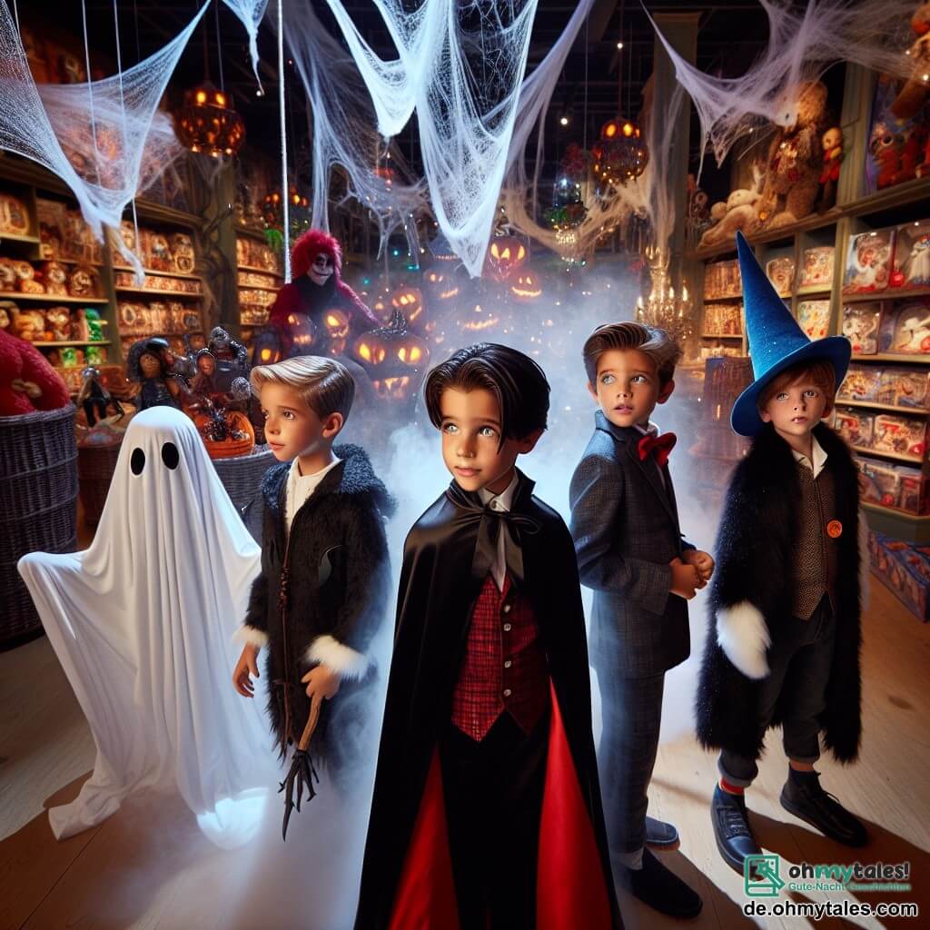 In einem geheimnisvollen Lichtspiel stehen vier Jungen im Zentrum eines Spielzeugladens, der für Halloween in einen verzauberten Wald verwandelt wurde. Max, ein 10-jähriger Junge, trägt ein schwarzes Vampirkostüm mit einem roten Umhang und hat ein schelmisches Lächeln. Rechts von ihm ist Tim, ebenfalls 10 Jahre alt, der sich als Geist verkleidet hat und mit funkelnden Augen neugierig umherschaut. Links steht Leo, ein 9-jähriger Junge, der als Zauberer mit spitzem Hut und Zauberstab gekleidet ist und voller Staunen um sich blickt. Schließlich ist Ben, ein 10-jähriger Junge, als Werwolf mit plüschigem Fell und Krallen verkleidet und macht eine dramatische Geste, als wäre er bereit für ein Abenteuer. Der Laden ist mit funkelnden Spinnweben und lebhaften Spielzeugen dekoriert, während ein großer Pappbaum im Hintergrund steht, von dem goldene Blätter langsam herabfallen. Die Jungen erkunden begeistert diesen verzauberten Wald, um ein Geheimnis zu lösen und die versteckten Geheimnisse dieses magischen Ortes zu entdecken, bereit für ein unvergessliches Abenteuer.
