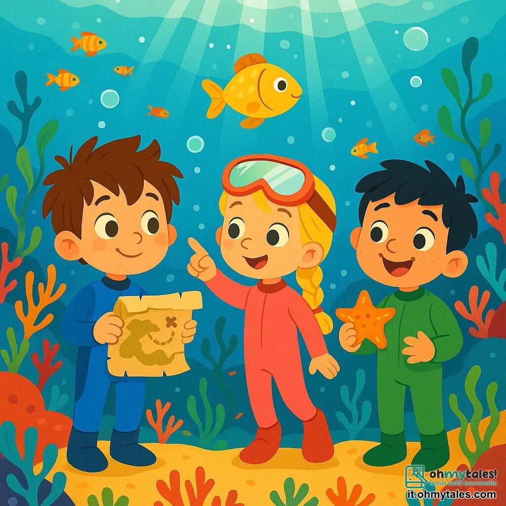 Ci sono 3 personaggi: - Leo: un bambino di 5 anni, con capelli castani arruffati e occhi vivaci. Indossa una muta blu e tiene in mano una mappa del tesoro, guardando con curiosità intorno a sé. - Giulia: una bambina di 5 anni, con lunghi capelli biondi intrecciati e occhiali da sub sulla fronte. Indossa una muta rosa e indica un pesce dorato che nuota vicino a loro. - Samu: un bambino di 5 anni, con capelli neri e lentiggini sul viso. Indossa una muta verde e sorride ampiamente, tenendo una stella marina in mano. La scena si svolge in un magnifico mondo sottomarino, pieno di coralli colorati, pesci multicolori e raggi di luce che filtrano attraverso l'acqua chiara. Le alghe ondeggiano dolcemente attorno ai personaggi e bolle d'aria fluttuano intorno a loro, creando un'atmosfera magica e gioiosa. I tre amici esplorano insieme questo mondo sottomarino, meravigliati dalla bellezza che li circonda, mentre seguono un pesce dorato che li guida verso una grotta misteriosa piena di tesori scintillanti.