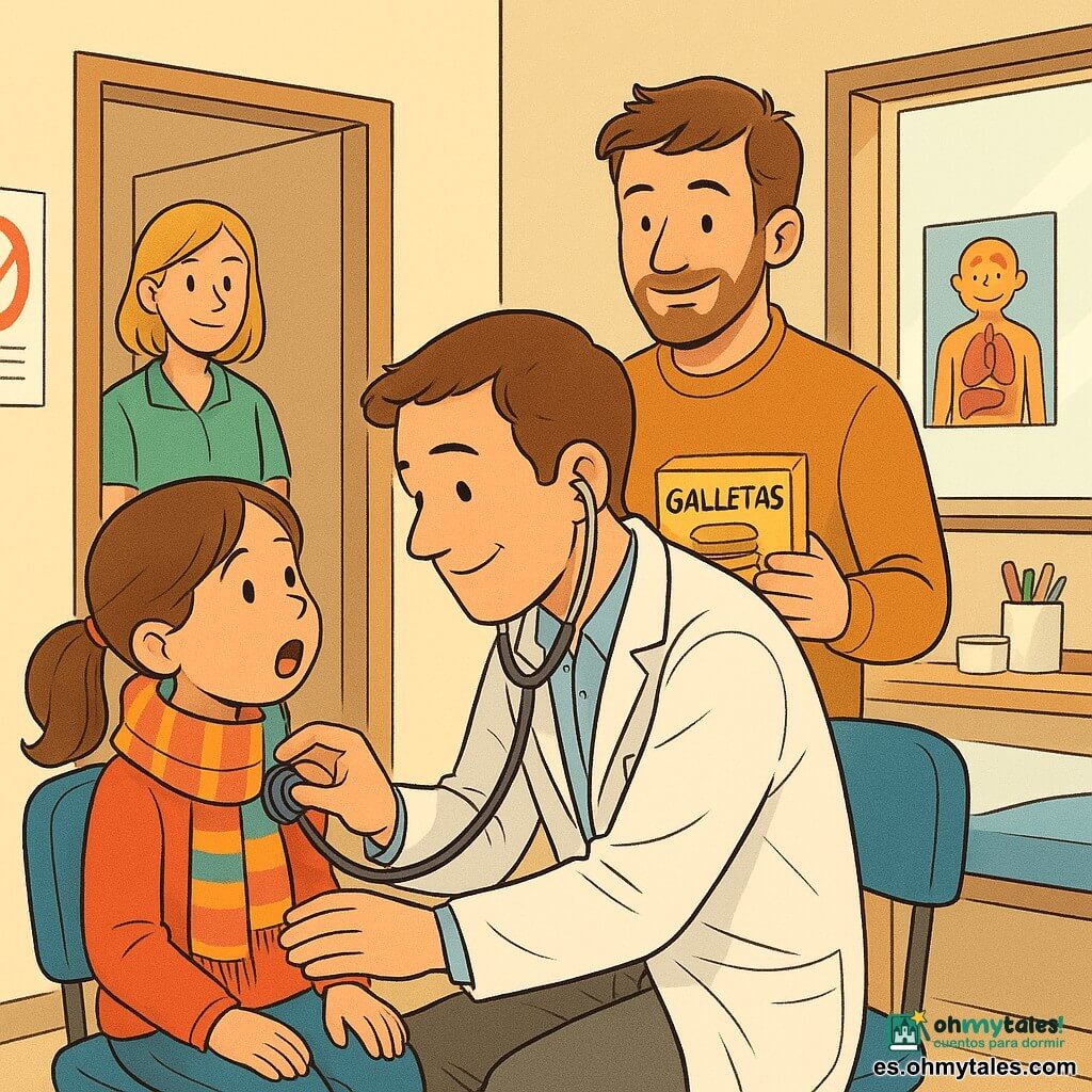Un joven médico interno sonriente pero concentrado, con bata blanca arrugada y estetoscopio, arrodillado para auscultar el pecho de Clara, una niña de unos 7 años de pelo castaño en coleta y bufanda colorida sentada en una silla azul que abre la boca para que le miren la garganta; detrás, el padre treinta y pico con ligera barba sostiene una caja de galletas y sonríe, a la izquierda en el fondo una enfermera de unos 30 años con bata verde observa con benevolencia; la sala de consulta es cálida y luminosa (paredes crema, póster del cuerpo humano sonriente, camilla blanca con sábana azul, carteles de prevención y una ventana con luz suave); la escena principal muestra al médico auscultando de manera tranquila y reconfortante, gestos precisos y expresión amable, la niña algo más tranquila, ambiente sereno, colores cálidos y estilo cómic detallado y luminoso.