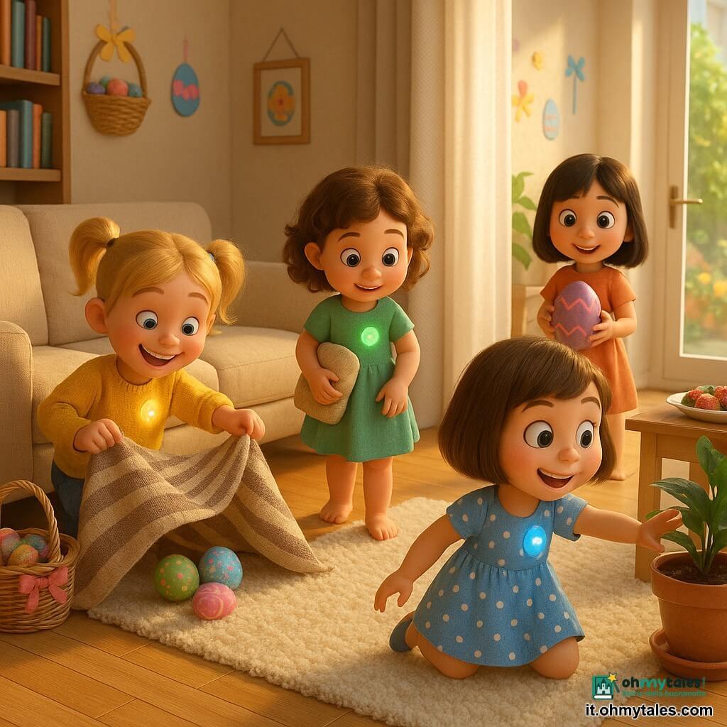 Ci sono quattro bambine di 4 anni: Mia, capelli castani corti a caschetto, vestito blu a pois bianchi, tiene un piccolo distintivo brillante sul petto e tende la mano verso un vaso di fiori a destra; Lea, capelli biondi a coppie, maglione giallo, sorride sollevando leggermente una coperta a righe a sinistra del divano vicino a Mia; Nora, capelli castano ricci, vestito verde, ha un cuscino sotto il braccio e guarda il tappeto al centro; Giulia, capelli neri lisci, gonna arancione, tiene un grande uovo di carta viola trovato vicino alla porta del giardino dietro le altre. Ambientazione: soggiorno luminoso e accogliente di una casa familiare con parquet chiaro, grande tappeto crema, divano beige, libreria di legno con libri colorati, tavolo a destra e porta finestra sul giardino in fondo a destra; decorazioni pasquali come cestini, nastri e disegni di uova sul muro. Situazione: caccia alle uova di Pasqua all'interno; i distintivi brillanti sul petto cambiano colore vicino ai nascondigli; stanno scoprendo o aprendo nascondigli: un uovo sotto un cuscino, due uova sotto una coperta a righe, un uovo dietro un libro, un uovo vicino alla porta del giardino; atmosfera gioiosa, colori pastello saturi, luce solare morbida, espressioni meravigliate e gesti affettuosi.