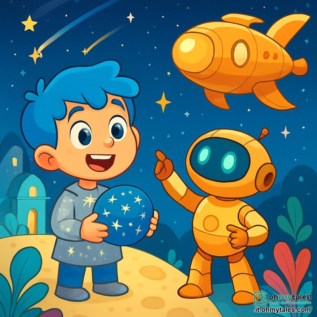 Leo, un giovane ragazzo dai capelli azzurri brillanti, guarda la grande nave dorata con occhi spalancati e un sorriso di eccitazione. Indossa una tunica argentata decorata con stelle scintillanti e tiene in mano una mappamondo stellato. Accanto a lui, Nino, un robot amichevole dalle forme arrotondate e con occhi luminosi, si erge con un'espressione curiosa, le braccia metalliche alzate come se stesse indicando la nave. Lo sfondo è una luna fluttuante, con case di pietra luminescenti e piante multicolori che brillano sotto un cielo stellato. Stelle cadenti attraversano l'orizzonte, aggiungendo un tocco di magia all'atmosfera. La scena mostra Leo e Nino di fronte alla nave dorata, pronti a partire per un'avventura alla ricerca della Stella di Cristallo, con uno sguardo di speranza e determinazione nei loro occhi.