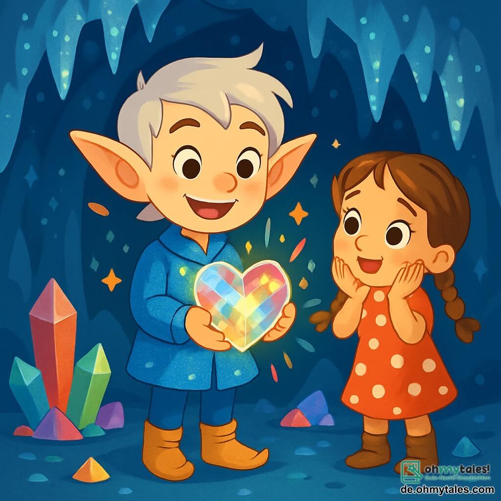 Ein silberhaariger Elf mit großen spitzen Ohren und einem strahlenden Lächeln steht im Mittelpunkt der Szene. Er trägt einen funkelnden blauen Mantel und goldene Schuhe, seine Augen leuchten vor Aufregung. In seinen Händen hält er ein leuchtendes Kristallherz, das in lebhaften Farben strahlt. Neben ihm steht ein etwa 8-jähriges menschliches Mädchen mit braunen Zöpfen, das das Herz fasziniert betrachtet. Sie trägt ein rotes Kleid mit weißen Punkten und Lederstiefel. Sie steht leicht im Hintergrund mit den Händen auf ihren Wangen, verzaubert von der Magie der Szene. 

Die Kulisse ist eine verzauberte Höhle, gefüllt mit funkelnden Stalaktiten und Wänden, die wie Diamanten glänzen. Bunte Kristalle sind über den Boden verstreut, und Lichter tanzen um sie herum und schaffen eine märchenhafte Atmosphäre. 

Die Hauptsituation zeigt den Elf und das kleine Mädchen, die gemeinsam das magische Herz entdecken, ein Symbol für Freundschaft und Mut, in einem Moment geteilter Freude und Staunen.
