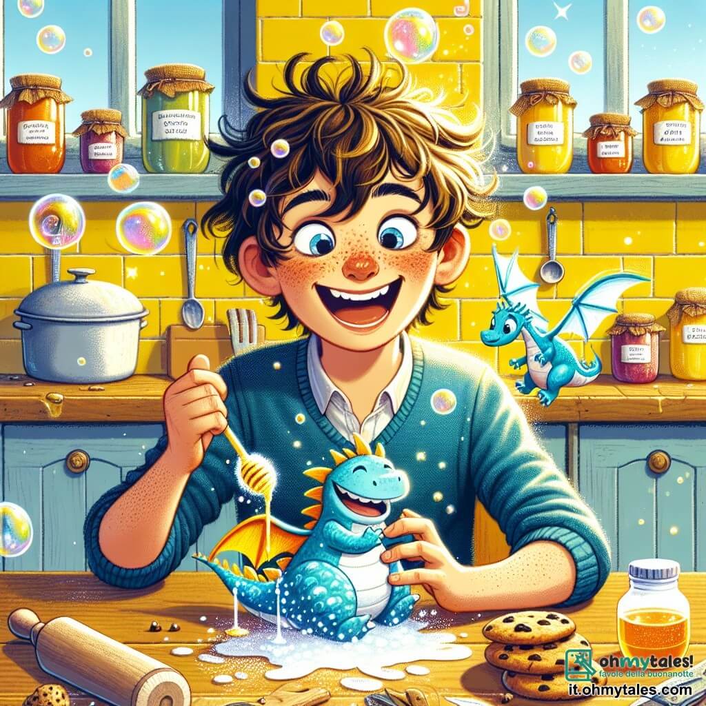 Un ragazzo di 12 anni, Lorenzo, con i capelli castani in disordine e un viso cosparso di lentiggini, è seduto a un tavolo di legno in cucina. Ha uno sguardo meravigliato e un sorriso splendente, mentre tiene in mano un piccolo drago colorato. Il drago, Poldo, è di un blu brillante con squame scintillanti e piccole ali traslucide, che fluttua gioiosamente sopra il tavolo. La cucina è luminosa, con pareti gialle e mensole piene di barattoli di marmellata colorati. Sul tavolo ci sono biscotti con gocce di cioccolato sparsi e un barattolo di miele rovesciato, da cui cola un filo dorato. Lorenzo e Poldo condividono un momento di complicità, ridendo insieme mentre bolle di sapone fluttuano attorno a loro, creando un'atmosfera magica e giocosa.