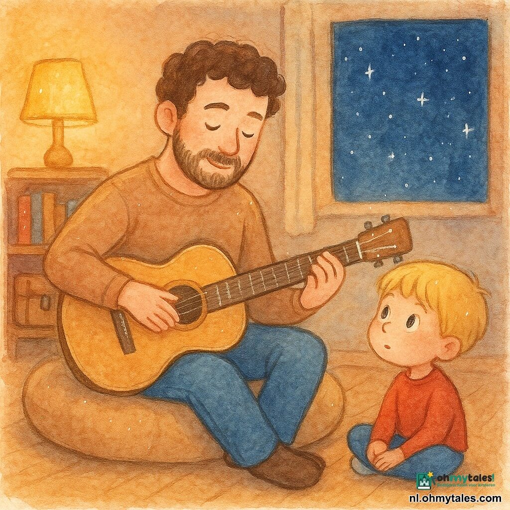 Een glimlachende, serene mannelijke muzikant speelt zachtjes gitaar tegen zijn buik; hij heeft een lichte huid, krullend bruin haar en zachte ogen. Een ongeveer vijfjarig blond jongetje met verbaasde ronde ogen zit naast hem, luistert met gesloten mond en kijkt gefascineerd naar de gitaar. De warme kleine kamer heeft een lichte houten vloer, een gele lamp die zacht licht geeft, een raam met een sterrenhemel, planken met boeken en een muziekdoos. De scène toont de muzikant die zacht zingt en de snaren beroert als een wiegelied, alles in warme aquareltinten.