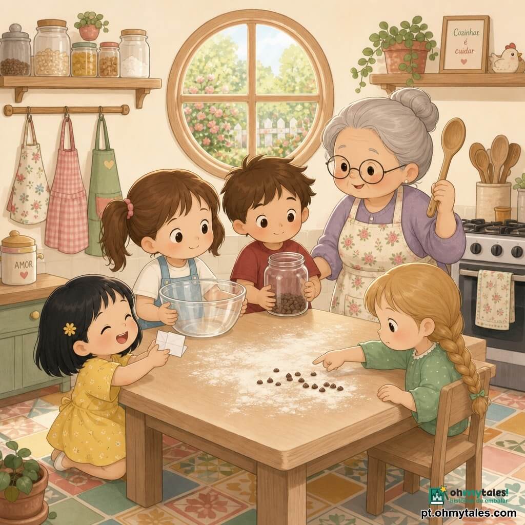Há 5 personagens: Vó Lina (idosa, ~70 anos) de cabelo grisalho preso em coque, óculos redondos e avental florido, sorrindo e segurando uma colher de pau ao lado do forno; Marta (7 anos) de cabelo castanho em maria-chiquinhas, avental azul-claro, segura um copo grande translúcido à esquerda em primeiro plano; Inês (7 anos) de cabelo preto curto, agachada à esquerda, veste vestido amarelo e mostra entusiasmada uma nota dobrada; Salomé (7 anos) de cabelos loiros trançados, expressão concentrada, blusa verde, à direita indicando uma trilha de gotinhas de chocolate na bancada; Tiago (6 anos) de cabelo castanho bagunçado, camisa vermelha, levemente envergonhado mas calmo, segura um pote de granulado pela metade perto da avó. Ambiente: pequena cozinha acolhedora e iluminada com paredes creme, chão azulejado colorido, prateleiras de madeira com frascos, janela redonda para o jardim, mesa de madeira clara com farinha polvilhada e utensílios pendurados. Situação: cena de descoberta afetuosa com trilha de granulados levando ao pote, nota infantil de desculpa nas mãos de Inês, Tiago oferecendo o pote ao grupo; luz suave, cores pastel e clima de partilha e confiança.