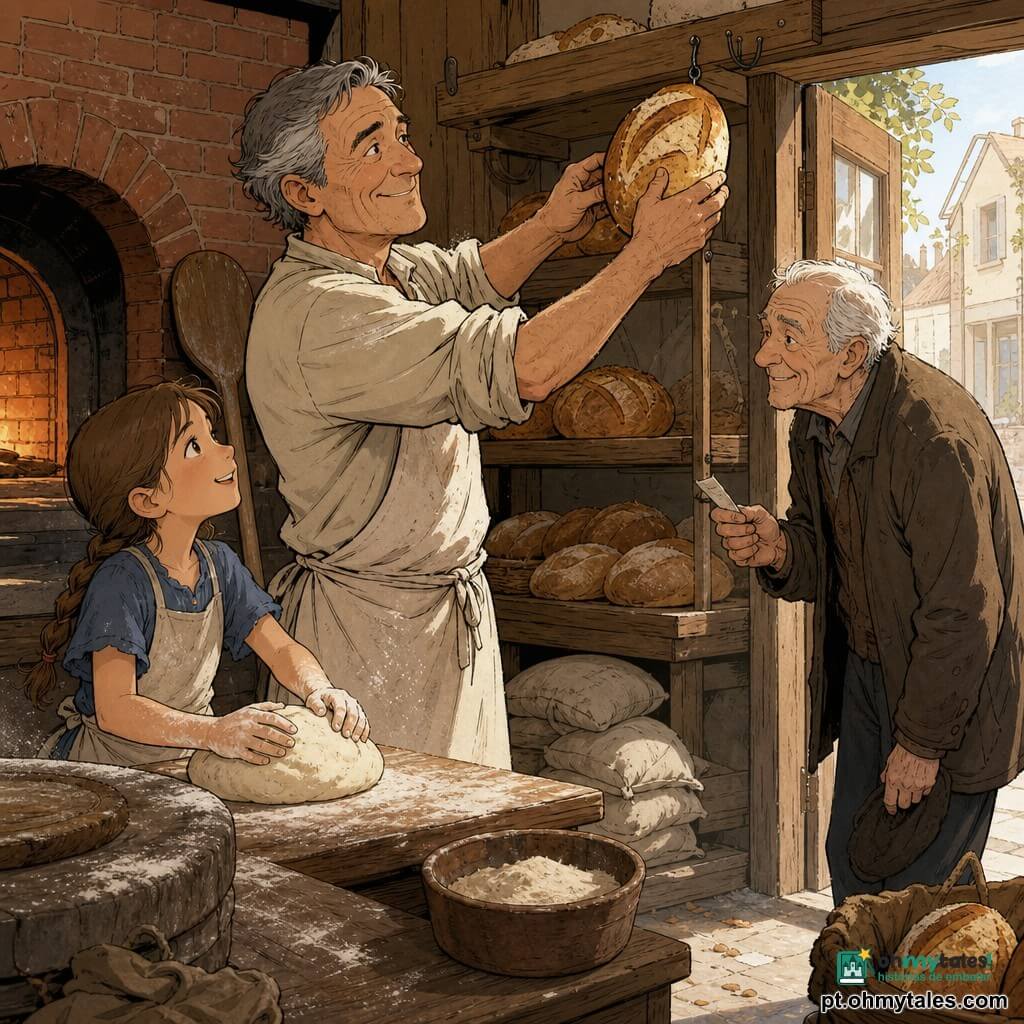 Um padeiro de cerca de 60 anos, cabelos grisalhos às mechas, rosto enrugado mas sorridente, usa avental cru com manchas de farinha e está a pendurar um pão dourado numa prateleira de madeira com um pequeno gancho, expressão calorosa; ao lado do balcão uma menina de cerca de 9 anos, cabelos castanhos em trança, rosto curioso, mãos um pouco enfarinhadas, toca numa bola de massa morna e olha para ele com adoração; um idoso de cerca de 75 anos, costas ligeiramente curvadas, jaqueta gasta e cabelo branco, segura um papel e sorri timidamente junto à porta aberta, pronto para pegar um pedaço; o interior da padaria é acolhedor — grande mesa de amassar de madeira, sacos de farinha empilhados, leve pó de farinha no ar, forno de tijolos com brilho alaranjado e prateleiras cheias de pães redondos de crosta crocante — e a cena destaca o pão pendurado como gesto de partilha, luz suave da manhã pela porta, migalhas e traços de farinha no chão, atmosfera de calma generosa e comunidade.