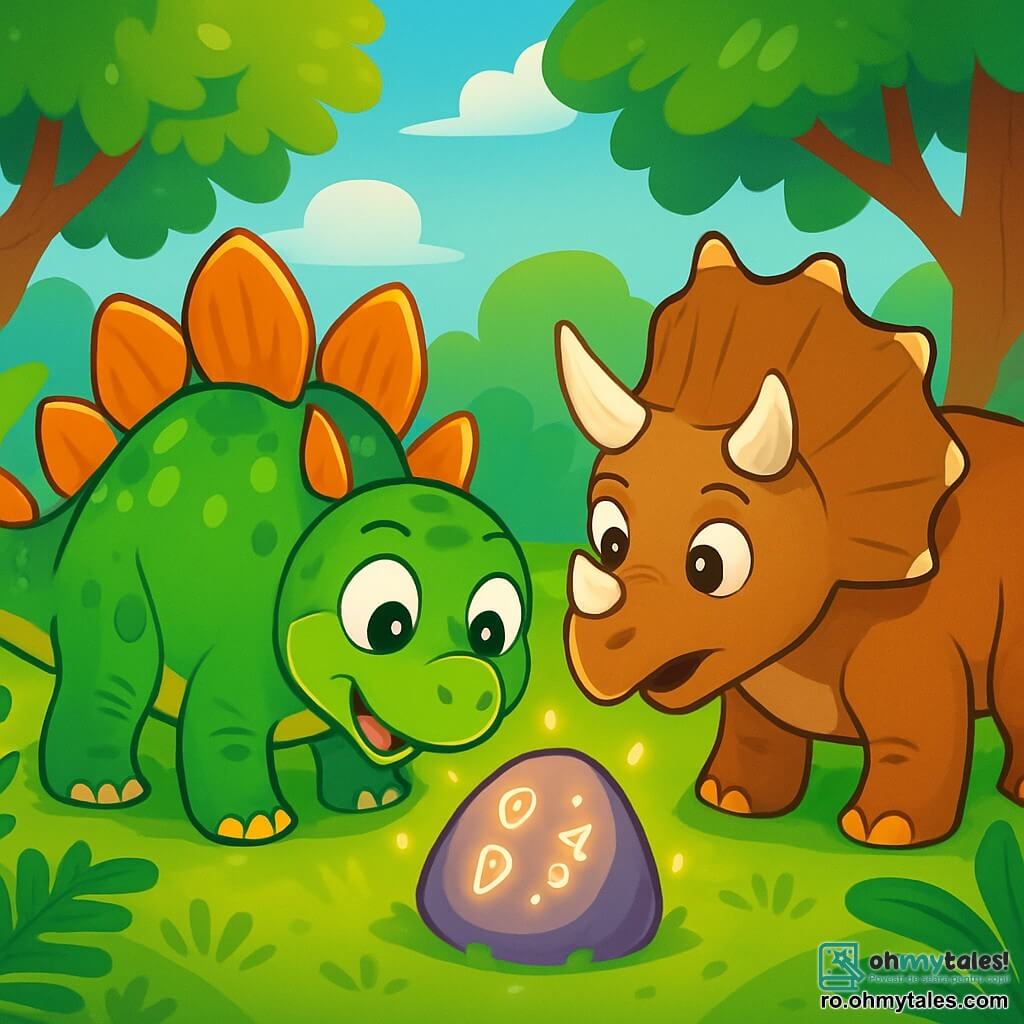 Un stegosaur cu solzi verzi și galbeni, cu plăci strălucitoare pe spate, privește cu curiozitate o piatră sclipitoare acoperită de simboluri misterioase. Ochii săi mari exprimă uimire și emoție. Lângă el, un Triceratops cu un corp robust, cu trei coarne mărețe și o piele de culoare maro deschis, observă cu atenție descoperirea, cu urechile ridicate, pregătit să exploreze. Scena are loc în Valea Dinozaurilor, un peisaj luxuriant, plin de ferigi uriașe și arbori cu frunze strălucitoare, sub un cer albastru strălucitor. Lumina soarelui filtrează printre copaci, creând un joc de umbre și lumini pe pământul acoperit de iarbă verde. Stego, fascinat, examinează cu atenție piatra strălucitoare, în timp ce Tricia îi sugerează să descopere împreună secretele acesteia, aducând un sentiment de aventură și prietenie în aer.