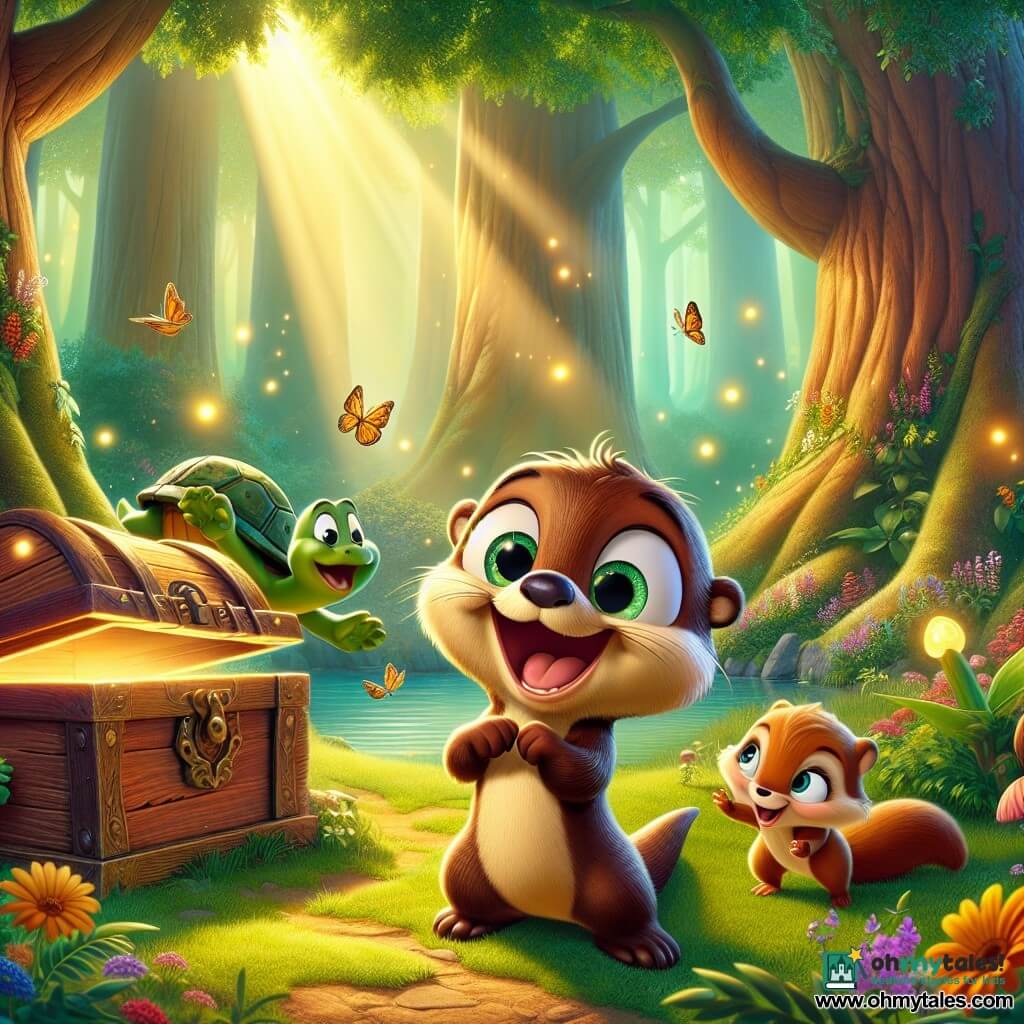 Ollie, a young otter with sparkling eyes and silky brown fur, stands in front of an old wooden chest, his heart racing with excitement. His small paws are on the chest, and a big smile lights up his face, revealing his joy and curiosity. Next to him, Saffy, a squirrel with golden fur and a bushy tail, jumps for joy, her eyes shining with enthusiasm. She holds a small carrot in her paws, ready to celebrate the discovery. Timo, a turtle with a green, rough shell, stands back, watching with a serene smile, his wise eyes reflecting pride and friendship. The scene takes place in a sunlit clearing surrounded by majestic trees with bright green leaves. Colorful flowers line the ground, and fireflies begin to twinkle in the evening air, adding a magical touch to the atmosphere. Ollie and his friends have just discovered a hidden treasure, a chest filled with glowing seeds and surprises, and they are ready to share their joy with all the forest inhabitants.