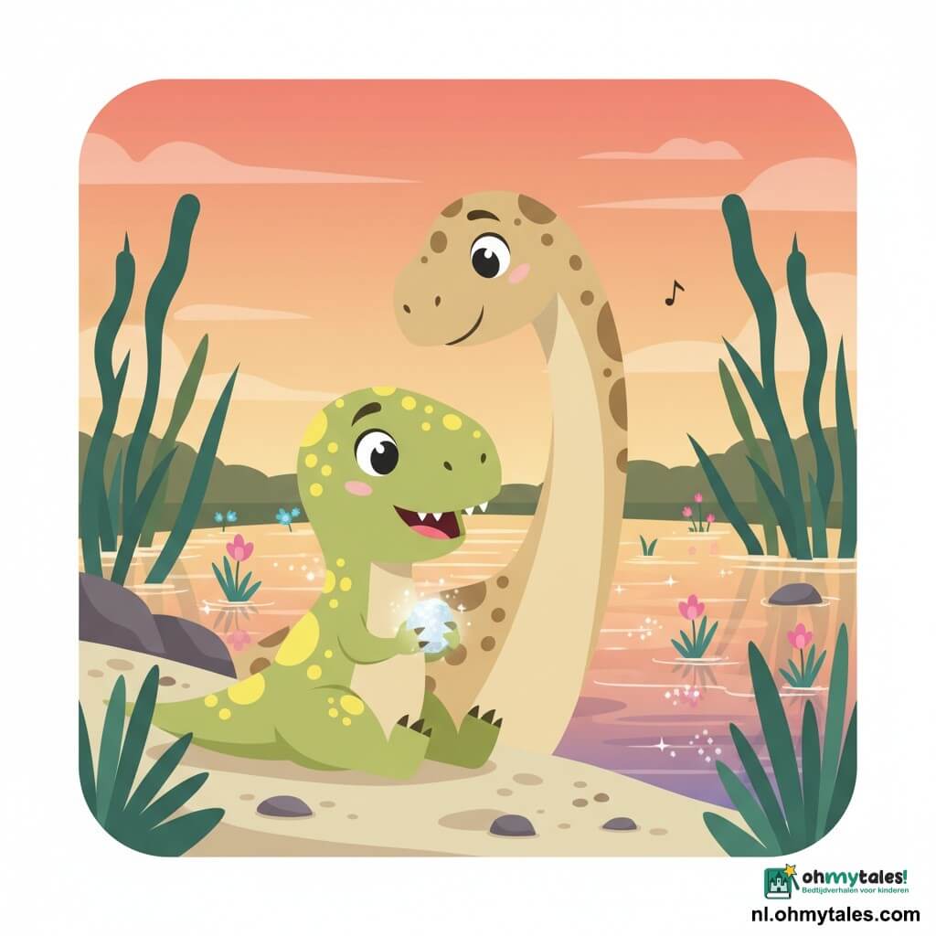 Een jonge Tyrannosaurus Rex, glimlachend en verwonderd, lichtgroene huid met gele vlekjes, grote glanzende ogen en kleine tandjes, zit aan de rand van het moeras en houdt een glinsterende steen tussen zijn poten; achter hem staat Dino, een grote poëzie-sauropode met een beige lange nek, zachte bruine vlekken en een rustige, vriendelijke blik die zachtjes zingt. Het moeras heeft glinsterend water, hoge donkergroene grassen, roze en blauwe bloemen en fonkelende steentjes op lichte moddergrond; de lucht is oranje-roze bij zonsondergang met warme reflecties. Hoofdscène: twee dino-vrienden ontdekken samen een schuilplaats met magische stenen aan de rand van het moeras, sfeer zacht, veilig en vol nieuwsgierigheid.