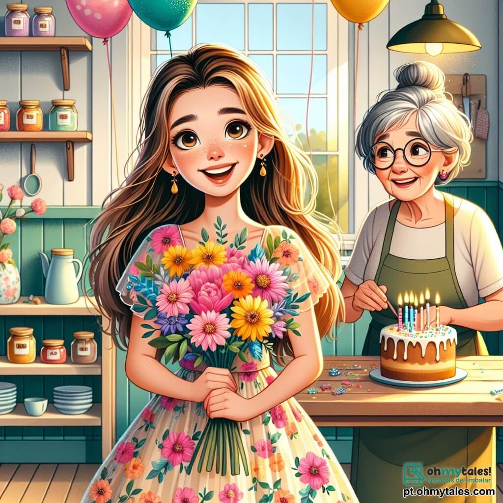 Uma menina de 10 anos, com longos cabelos castanhos e olhos brilhantes de alegria, está no centro, sorridente e radiante, segurando um buquê de flores coloridas nos braços. Ela usa um vestido leve com estampas florais, e seu rosto expressa imensa excitação e felicidade. Ao lado dela, uma mulher idosa, sua avó, com cerca de 70 anos, cabelos grisalhos em coque e óculos redondos, sorri ternamente enquanto prepara um bolo em uma mesa de madeira, cercada por decorações de aniversário. Ao fundo, uma cozinha acolhedora, com paredes pintadas de amarelo pastel, prateleiras cheias de potes de geleia e janelas que deixam entrar a luz do sol. A cena representa o momento feliz em que a menina celebra seu aniversário, cercada pelo amor de sua avó, com balões coloridos flutuando no teto e um bolo decorado com velas cintilantes na mesa.