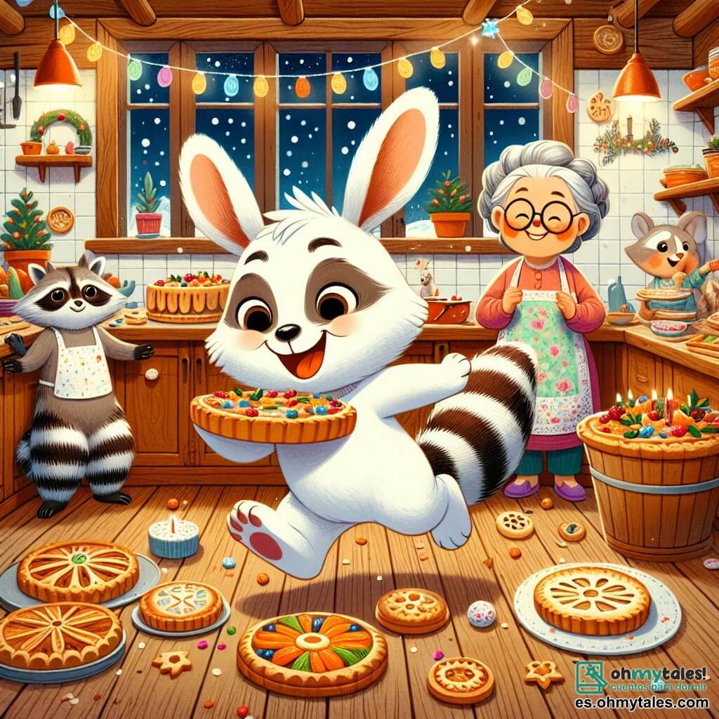 Ilustración que representa a un pequeño niño conejo con grandes orejas y pelaje blanco, expresando una alegría desbordante. Está saltando de felicidad, sosteniendo una galleta decorada con colores vivos en sus pequeñas patas. A su lado, un pequeño niño mapache con pelaje gris y rayas negras en la cola, que muestra una gran sonrisa, admira las galletas que acaban de preparar. Un poco más lejos, una anciana coneja con gafas redondas y un delantal floreado sonríe orgullosamente al ver a sus nietos, rodeada de pasteles y decoraciones. El lugar principal es una acogedora cocina de madera, adornada con guirnaldas luminosas y decoraciones de Año Nuevo, con una gran mesa de madera cubierta de pasteles coloridos y vasos de jugo de zanahoria. La situación principal muestra a los personajes preparando una fiesta de Año Nuevo, llenos de emoción y felicidad, listos para celebrar juntos. Otros elementos gráficos incluyen copos de nieve visibles por la ventana, estrellas brillantes en el cielo nocturno y confeti colorido flotando en el aire, añadiendo un toque festivo a la escena.