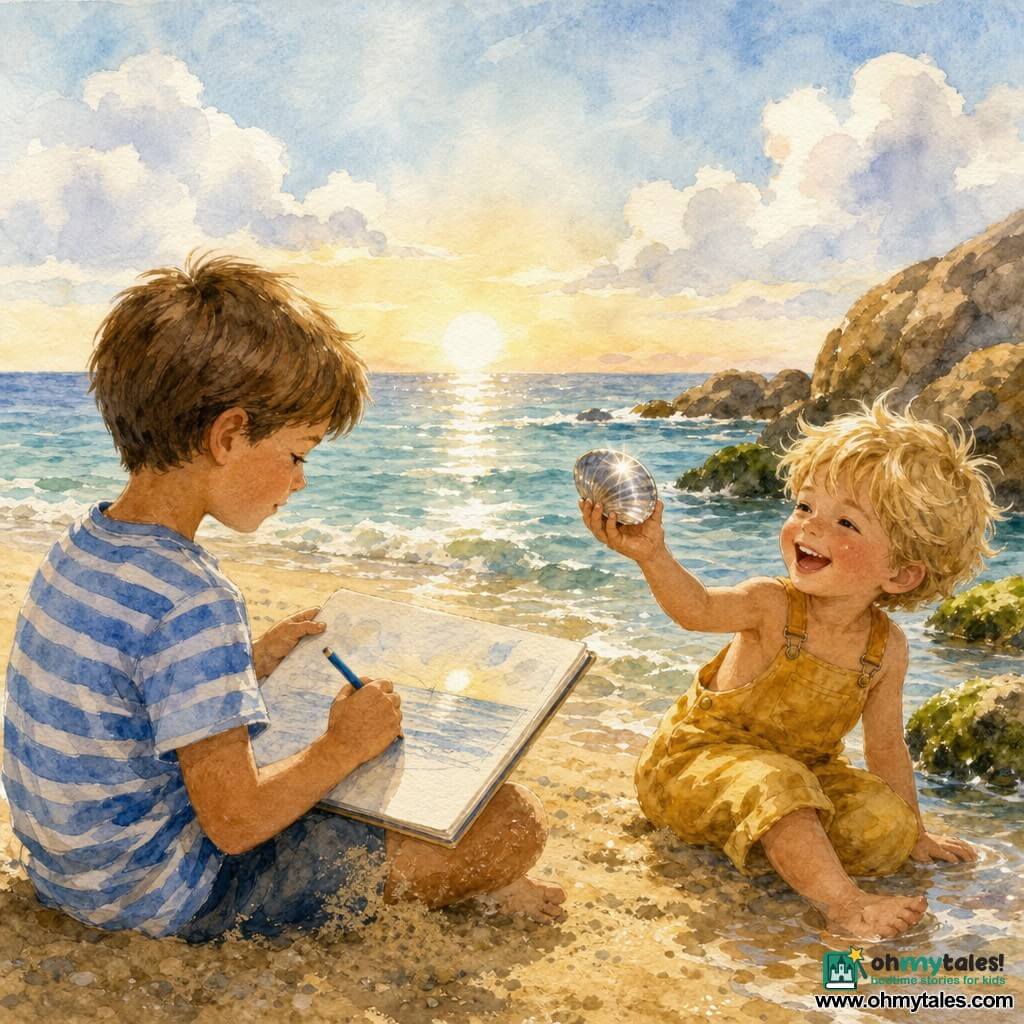 Two boys on a small golden-sand beach: a ~7-year-old with short brown hair, blue-and-white striped T-shirt and sandy knees sits left holding a large sketchbook and tracing the horizon with a blue pencil; a ~6-year-old with messy blond hair in a yellow overall sits right near the water, laughing and showing a shiny silver shell in his left hand. Smooth algae-covered rocks to the right, gentle blue-green waves lapping the shore, clear sky with a few fluffy clouds and a warm low sun; the two draw together at the water's edge, sunlight sparkling on the sea and shell, small white wave crests and visible sand grains, joyful peaceful mood in a soft watercolor palette of yellow, blue, and green.