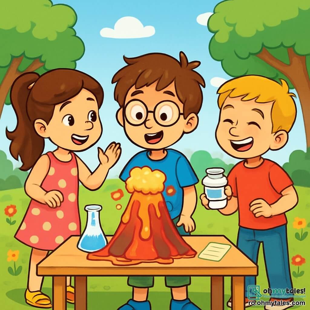 Există 3 personaje: - Andrei: un băiat de 10 ani, cu părul castaniu dezordonat și ochelari rotunzi. Poartă un tricou albastru și o pereche de pantaloni scurți verzi. Se află în centru, privind vulcanul în miniatură cu un amestec de curiozitate și entuziasm. - Maria: o fată de 10 ani, cu părul lung și ondulat, prins într-o coadă de cal. Poartă o rochie roz cu buline și sandale galbene. Se află la stânga lui Andrei, zâmbitoare, încurajându-l cu un gest prietenos. - Alex: un băiat de 10 ani, cu părul blond scurt și un zâmbet jucăuș. Poartă un tricou roșu și blugi. Este la dreapta lui Andrei, râzând și ținând un mic borcan de bicarbonat de sodiu, pregătit să adauge puțin mai mult la vulcan. Locul se desfășoară într-un parc însorit, plin de flori colorate și copaci mari verzi. În centru, o masă de lucru este acoperită cu materiale științifice, cu un vulcan din hârtie maché vopsit în roșu și galben, pregătit să erupă. Cerul este albastru, presărat cu câteva nori albi pufoși. Situația principală arată cum Andrei, Maria și Alex realizează un experiment științific, cu vulcanul care începe să debordeze "lavă" efervescentă, creând o scenă veselă și dinamică, plină de râsete și entuziasm.
