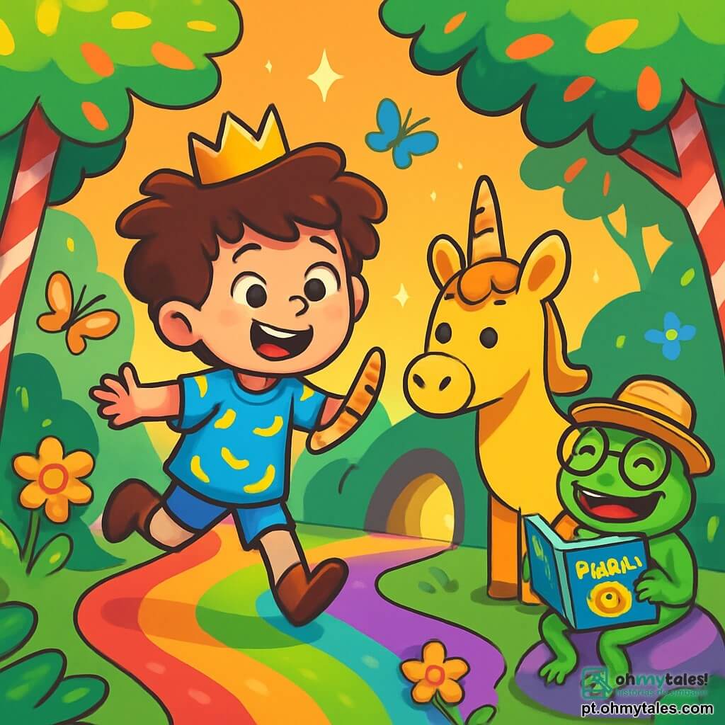 O Príncipe Zé, um garoto com cabelo desgrenhado como um ursinho, veste uma túnica azul decorada com padrões de bananas e um sorriso travesso no rosto. Ele está pulando alegremente em um caminho de gelatina colorida, com os olhos brilhando de excitação. Ao seu lado, Pipo, um unicórnio de pelos dourados e chifre em forma de pirueta, observa com curiosidade, com suas grandes orelhas em pé. Um pouco mais adiante, Sapo Gargalhante, um pequeno sapo verde com óculos redondos e um chapéu de palha, ri alto enquanto segura um livro de piadas, sentado em uma pedra em forma de doce. A cena se passa em uma floresta encantada, onde as árvores têm troncos de açúcar e as folhas brilham como confetes. Flores multicoloridas dançam ao som de uma doce melodia, e borboletas com asas cintilantes voam ao redor deles. O Príncipe Zé e seus amigos descobrem um caminho de gelatina que leva a uma caverna misteriosa, cheia de luzes brilhantes e risadas, onde esperam encontrar o tesouro mágico do Sorriso Eterno.