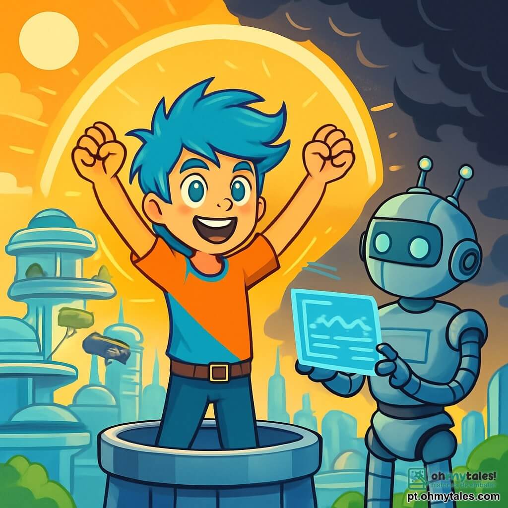 Um garoto de 13 anos, Lumino, está no topo de uma torre prateada, seu rosto radiante de excitação e determinação. Ele tem cabelos azul-elétrico que flutuam levemente ao vento, e seus olhos brilham como cristais. Ele levanta os braços, criando um escudo de luz dourada ao seu redor, pronto para proteger sua cidade. Ao seu lado, o Diretor Metalus, um robô sábio com uma superfície metálica brilhante e antenas que giram, observa atentamente. Ele tem uma expressão séria, seus olhos luminosos emitem um brilho azul, e ele segura uma tela holográfica exibindo dados sobre a simulação. Ao fundo, a cidade de Celestópolis se estende, com seus edifícios de vidro flutuantes, jardins suspensos e carros voadores que cruzam o céu. O sol brilha, mas sombras inquietantes começam a se espalhar, anunciando um misterioso apagão. A cena principal mostra Lumino concentrado, pronto para enfrentar o desafio de restaurar a energia da cidade enquanto protege seus habitantes dos perigos invisíveis.