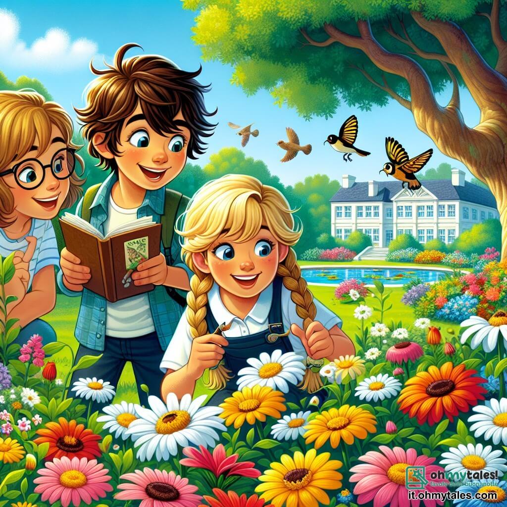 Tre bambini sono al centro dell'immagine: Matteo, un ragazzo di 10 anni con i capelli castani in disordine e un sorriso splendente, tiene un quaderno da disegno in mano, osservando attentamente un gruppo di fiori colorati. Alla sua sinistra, Sofia, una ragazza di 9 anni con i capelli biondi intrecciati, si inginocchia vicino a una margherita, affascinata da un'ape che raccoglie il polline. A destra, Luca, un ragazzo di 10 anni con occhiali e capelli castani, indica un uccello che vola sopra di loro, con gli occhi brillanti di eccitazione. Il luogo è un giardino scolastico lussureggiante, pieno di fiori dai colori vivaci come rosso, giallo e blu, con una grande quercia al centro che offre ombra. Un piccolo stagno scintilla sotto il sole, circondato da piante acquatiche e ninfee, mentre gli uccelli cantano gioiosamente tra gli alberi. La scena principale mostra i bambini in esplorazione, meravigliati dalla bellezza della natura in primavera, ognuno scoprendo un aspetto diverso del loro ambiente, simboleggiando la meraviglia e la curiosità della stagione.