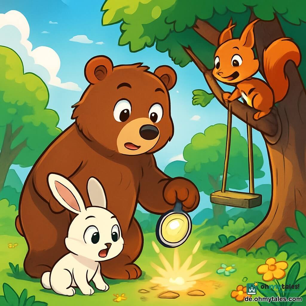Bruno, der große braune Bär mit funkelnden Augen und weichem Fell, steht auf seinen Hinterbeinen, neugierig und entschlossen, und hält einen kleinen leuchtenden Clip in seiner Pfote. Neben ihm schaut Lilli, das kleine Kaninchen mit den großen weißen Ohren und dem seidigen Fell, mit weit aufgerissenen Augen voller Aufregung und Staunen. Mario, das Eichhörnchen mit dem roten Fell und dem buschigen Schwanz, klettert flink auf einen Ast, schelmisch und bereit, seinen Freunden bei ihrer Untersuchung zu helfen. Die Szene spielt in einer sonnigen Lichtung, umgeben von majestätischen Bäumen mit lebhaften grünen Blättern, und bunten Blumen, die auf dem Boden verstreut sind. In der Mitte quietscht eine alte Holzschaukel sanft, und eine große Eiche spendet Schatten. Bruno und seine Freunde untersuchen aufmerksam den Boden, auf der Suche nach glänzenden Hinweisen im Sonnenlicht, während eine leichte Brise die Blätter um sie herum tanzen lässt.
