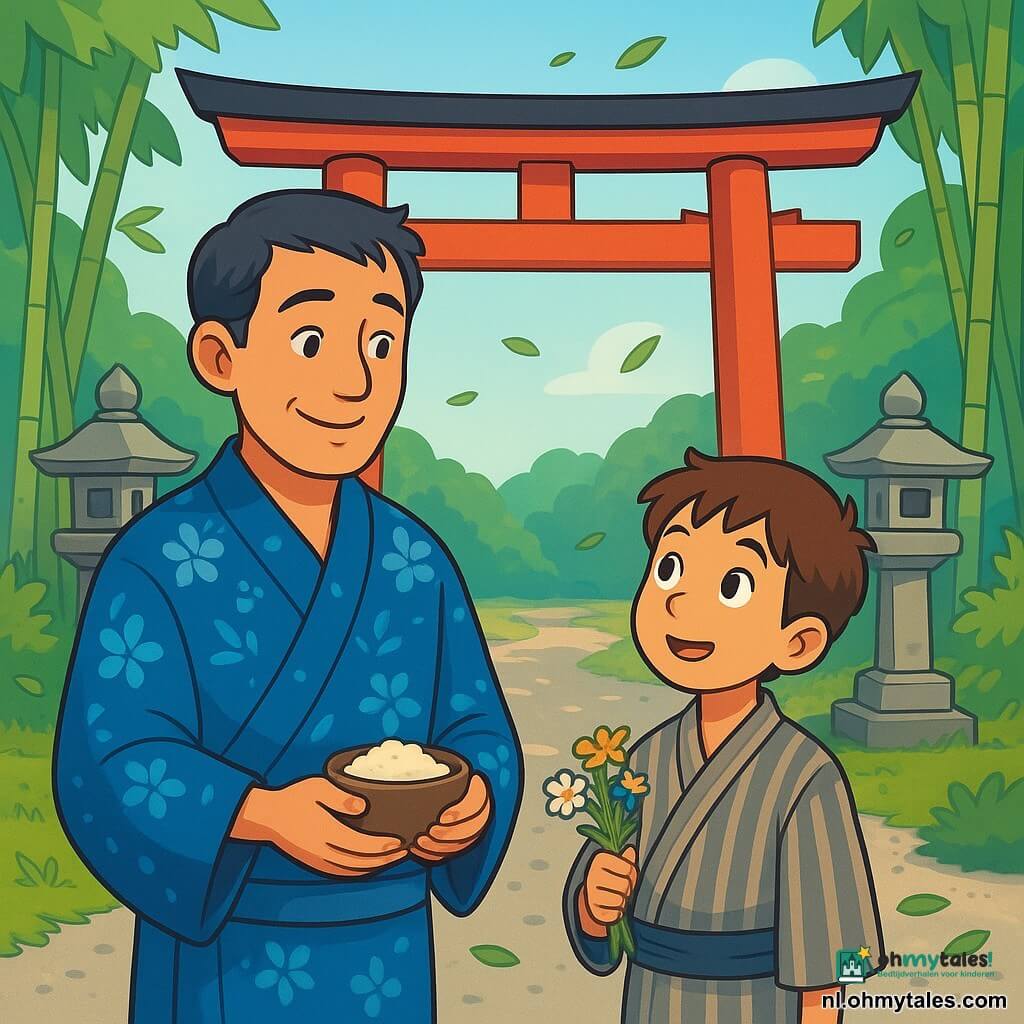 Een man van middelbare leeftijd, met lichtgrijs wordend zwart haar en een zachte glimlach, staat voor een houten torii, zijn ogen stralend van vastberadenheid en sereniteit. Hij draagt een traditionele blauwe kimono, versierd met bloemmotieven, en houdt een kleine kom rijst in zijn handen, klaar om een offer te brengen. Naast hem staat een jongen van ongeveer 8 jaar, met bruin haar en sprankelende ogen, die nieuwsgierig toekijkt. Hij draagt een eenvoudig gestreept yukata en houdt een klein boeket wilde bloemen vast, met zijn ogen op de torii gericht, vol verwondering. De locatie is een vredig Japans heiligdom, omringd door hoge bamboebomen, met stenen lantaarns langs een grindpad. Het ochtendlicht filtert door de bladeren, waardoor een spel van schaduwen en licht op de grond ontstaat. De hoofdscene toont de man en de jongen die samen een offer brengen, een moment van delen en respect, terwijl een zachte bries de bladeren om hen heen laat dansen, wat een vleugje magie toevoegt aan dit heilige moment.