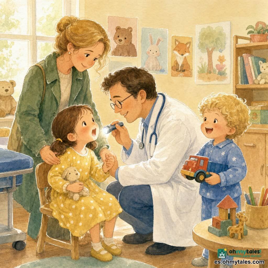 Un médico sonriente y amable, de rostro redondo, pelo castaño corto y gafas finas, con bata blanca y estetoscopio azul, se arrodilla para hablar con una niña de unos 5 años (coletas castañas, vestido amarillo con lunares blancos) que está sentada y muestra la garganta mientras la madre (unos 30 años, abrigo verde) la sostiene y sonríe aliviada; un niño de unos 4 años, rubio rizado y pijama azul, ríe con un camión de juguete junto a una mesa baja; en una clínica acogedora de paredes crema con pósters de animales, luz suave por una gran ventana y una estantería con libros y juguetes, el médico examina la garganta de la niña con una linterna redonda con gestos calmados, la familia se siente reconfortada y segura.