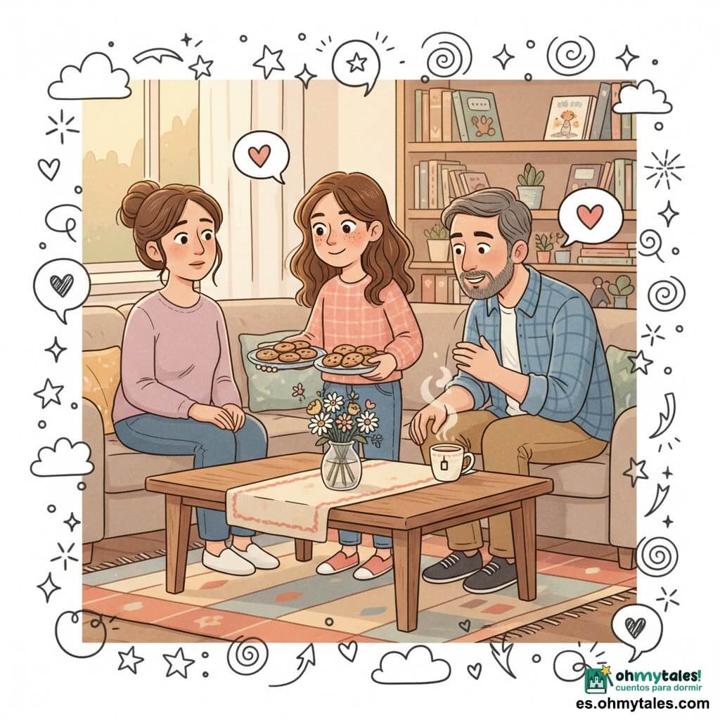 Niña de 12 años, calma y decidida, pelo castaño medio ligeramente ondulado, pecas, ojos marrones, sonríe mientras coloca platos de galletas invitando a la conversación; mujer (madre, ~38 años), de aspecto femenino, rostro dulce pero cansado, pelo castaño recogido en moño, manos en las rodillas, sentada en el sofá a la izquierda con mirada agradecida hacia su hija; hombre (padre, ~42 años), de aspecto masculino, barba corta gris, camisa a cuadros, ligeramente inclinado hacia la mesa, sentado a la derecha y escuchando atentamente con una taza de té caliente delante; lugar: salón acogedor con luz dorada del atardecer, mesa baja de madera clara, mantel de motivos simples, pequeño jarrón con flores frescas, estantería con libros infantiles y alfombra colorida; situación: reunión familiar tranquila y cordial — la niña sirve galletas, los padres sentados en círculo, ambiente de reparación y escucha, sonrisas discretas, gestos abiertos, iconos doodle (corazones, bocadillos, estrellas) en superposición para reforzar la calidez.