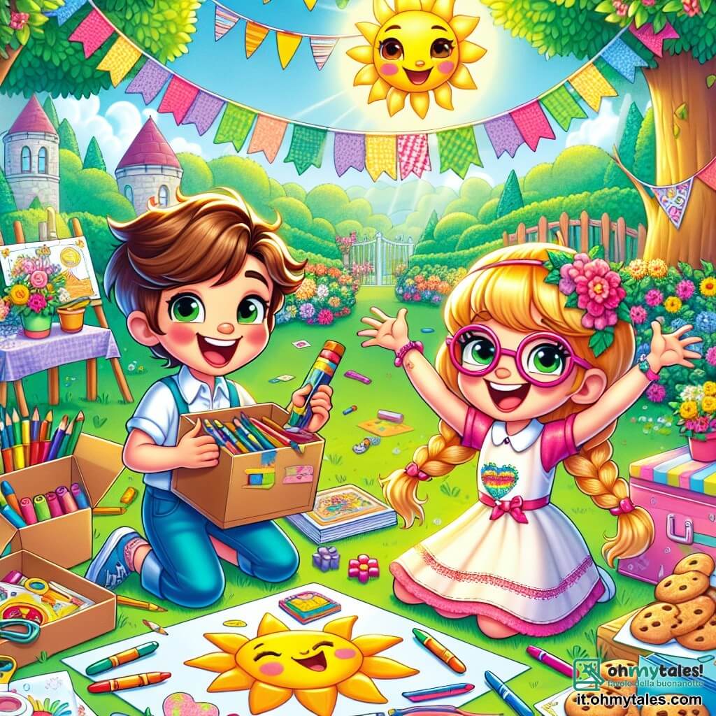 Ci sono due personaggi principali: Marco, un ragazzo di 8 anni con i capelli castani disordinati e occhi scintillanti, che sorride felicemente tenendo un grande cartone pieno di materiali artistici. Accanto a lui, Sofia, una ragazza di 7 anni con lunghi capelli biondi intrecciati e occhiali rotondi, è seduta per terra, circondata da fogli colorati, mentre disegna un sole sorridente con i pastelli. La scena si svolge nel giardino di Sofia, uno spazio verde e soleggiato, pieno di fiori colorati e alberi maestosi. Un grande tavolo di legno è coperto di materiali artistici, biscotti appena sfornati e decorazioni fatte a mano, creando un'atmosfera gioiosa e festosa. Marco e Sofia sono intenti a creare regali per la festa del papà, ridendo e gesticolando con entusiasmo mentre preparano un grande pannello colorato e medaglie brillanti per i loro papà, simboleggiando il loro amore e gratitudine.