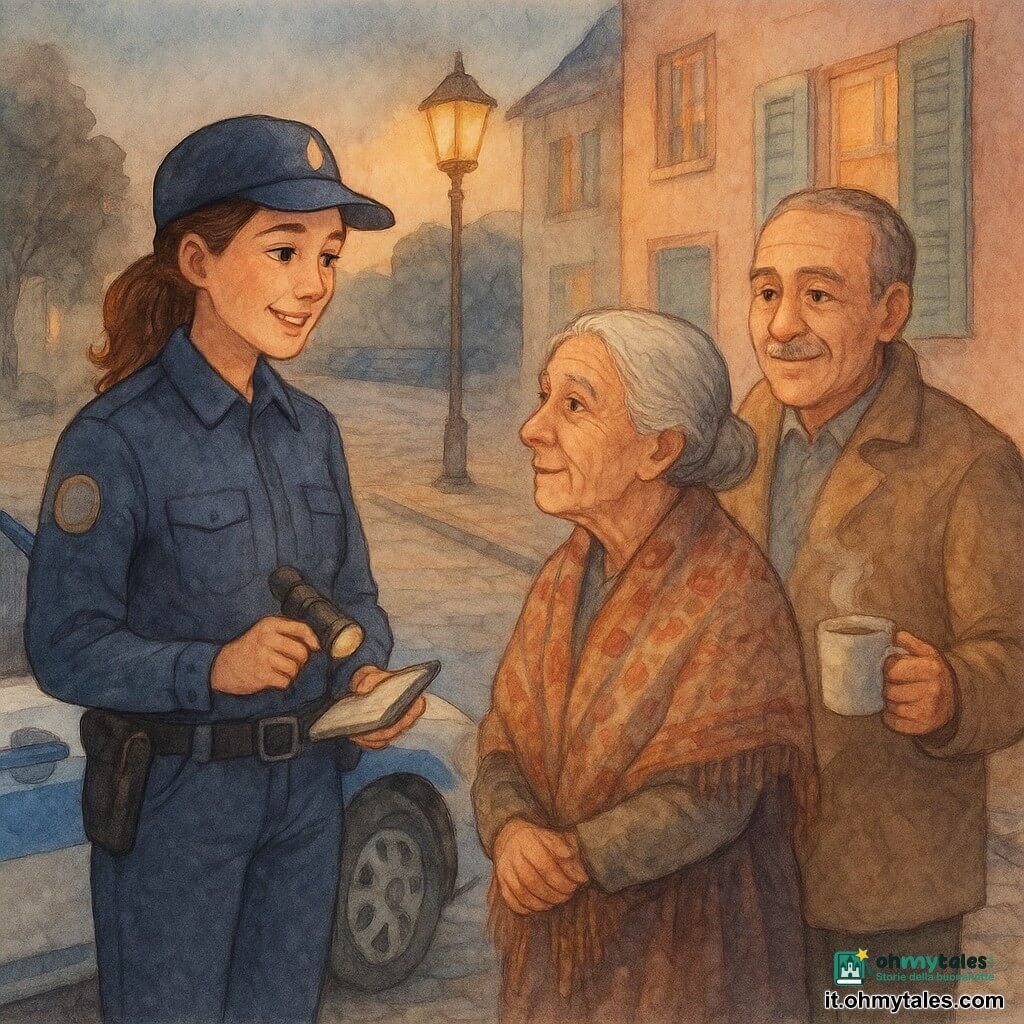 Una poliziotta di circa 26 anni in uniforme blu con piccolo distintivo sulla manica, sorridente e benevola, tiene una torcia spenta in una mano e un taccuino nell'altra accanto alla portiera di un'auto di pattuglia; leggermente dietro sta il brigadiere Rinaldi, circa 45 anni, con cappotto marrone chiaro e una tazza di camomilla fumante, dal volto rassicurante e segnato dall'esperienza; su un marciapiede di ciottoli davanti alla porta di casa una donna anziana di circa 78 anni con capelli grigi raccolti e uno scialle a motivi guarda la poliziotta con gratitudine; è il crepuscolo in una via di quartiere con lampioni caldi, facciate pastello e persiane in legno, un piccolo parco sullo sfondo e l'auto di pattuglia parcheggiata con riflessi bluastri; atmosfera calma: la poliziotta parla e ascolta, il brigadiere osserva sorridendo, colori tenui e luce calda.