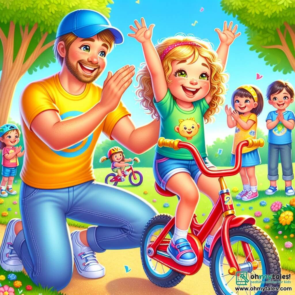 A 2-year-old girl with curly blonde hair and a big joyful smile is sitting on her shiny red bike, arms raised in victory. Next to her, Coach Ben, a man in his 30s wearing a blue cap and a yellow t-shirt, is clapping and smiling proudly, encouraging the children around him. The scene takes place in a sunny park with lush green trees, colorful flowers, and a dirt path winding through the grass. Children are playing and laughing in the background, adding to the joyful atmosphere. The main focus is on the girl who has just finished a bike race, beaming with happiness, surrounded by her new friends who are applauding, all sharing a moment of joy and friendship.