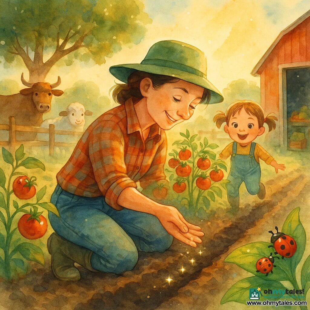 A joyful, focused adult woman kneeling in the soil wearing a green hat, muddy rubber boots and a plaid shirt drops small shiny seeds from her hand as she walks slowly; a delighted five-year-old niece with short pigtails stands among red tomato plants behind her, ready to run; a gentle brown bull and a woolly sheep calmly watch near a wooden fence; a small cluster of ladybugs on a nearby leaf adds life; the setting is a farm field at sunrise with long dark rows of earth, a large oak with green leaves, a red barn to the right and an open cold-storage door showing crates of vegetables, creating a soft, promising atmosphere as the woman scatters seeds like falling stars.