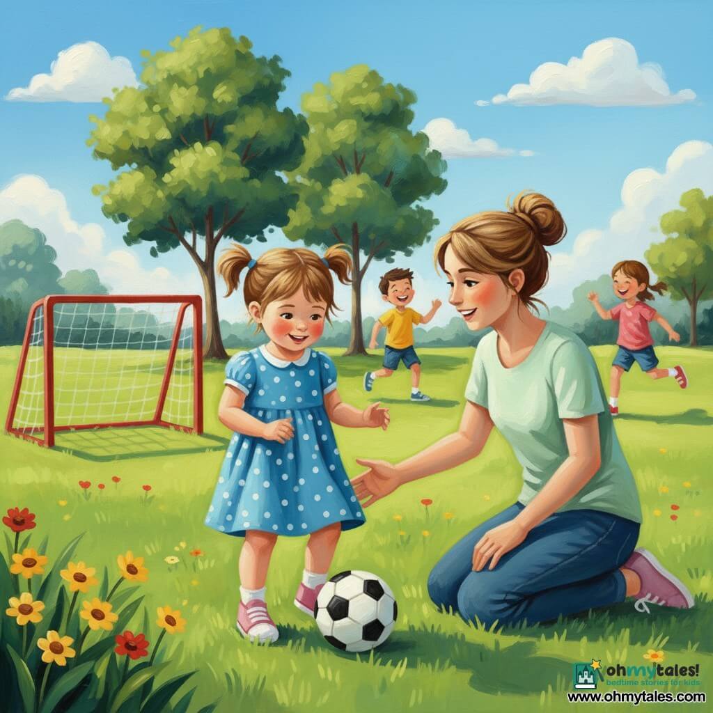 A shy but joyful 4-year-old girl with light brown pigtails and rosy cheeks holds a white-and-black soccer ball and prepares a small, focused kick while wearing pale pink sneakers and a blue polka-dot dress; a woman in her 30s (mother) kneels on the grass with an encouraging smile, hand reaching toward the ball, hair in a bun and a light green T-shirt; two children (a boy ~6 and a girl ~5) run and laugh near the trees in the background; the park shows a shiny green lawn, a small red-painted wooden goal, leafy trees, light blue sky with soft clouds, and yellow and red flowers at the playground edge, warm, encouraging mid-shot with vivid colors and visible acrylic textures.