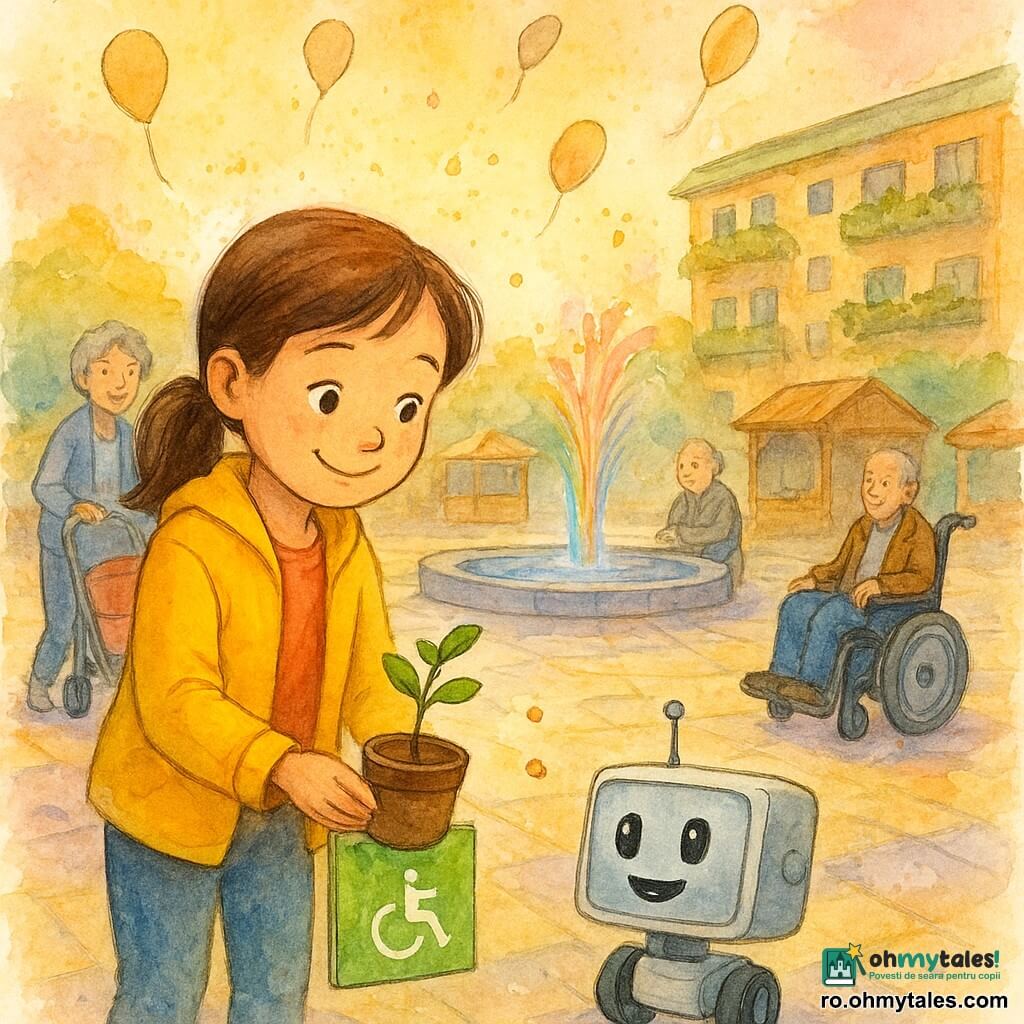 Mira, fată de 8 ani, zâmbește timid și mândră, păr șaten prins în coadă, geacă galbenă, ține o platformă cu un pomuleț și un panou verde luminos și pare că suflă o sămânță; Puf, mic robot de grădină pătrat pe roți cu antenă și ochi-ecran, e la dreapta ei cu un zâmbet pixelizat, static dar expresiv; o vecină de ~35 de ani cu păr gri-albăstrui scurt împinge un cărucior și zâmbește, iar un bărbat în vârstă de ~70 de ani, cu păr alb, stă într-un scaun cu rotile electric pe traseul verde și privește recunoscător. Locul: Piața Semințelor — piață rotundă cu pavele solare, fântână cu lumini curcubeu, tarabe din lemn, balcoane verzi și baloane în formă de sămânță; Mira eliberează o sămânță zburătoare cu un bilet desenat și mai multe semințe scintilează deasupra pieței; atmosferă veselă în tonuri pastel vii cu accente de verde și galben și lumină blândă de amurg.