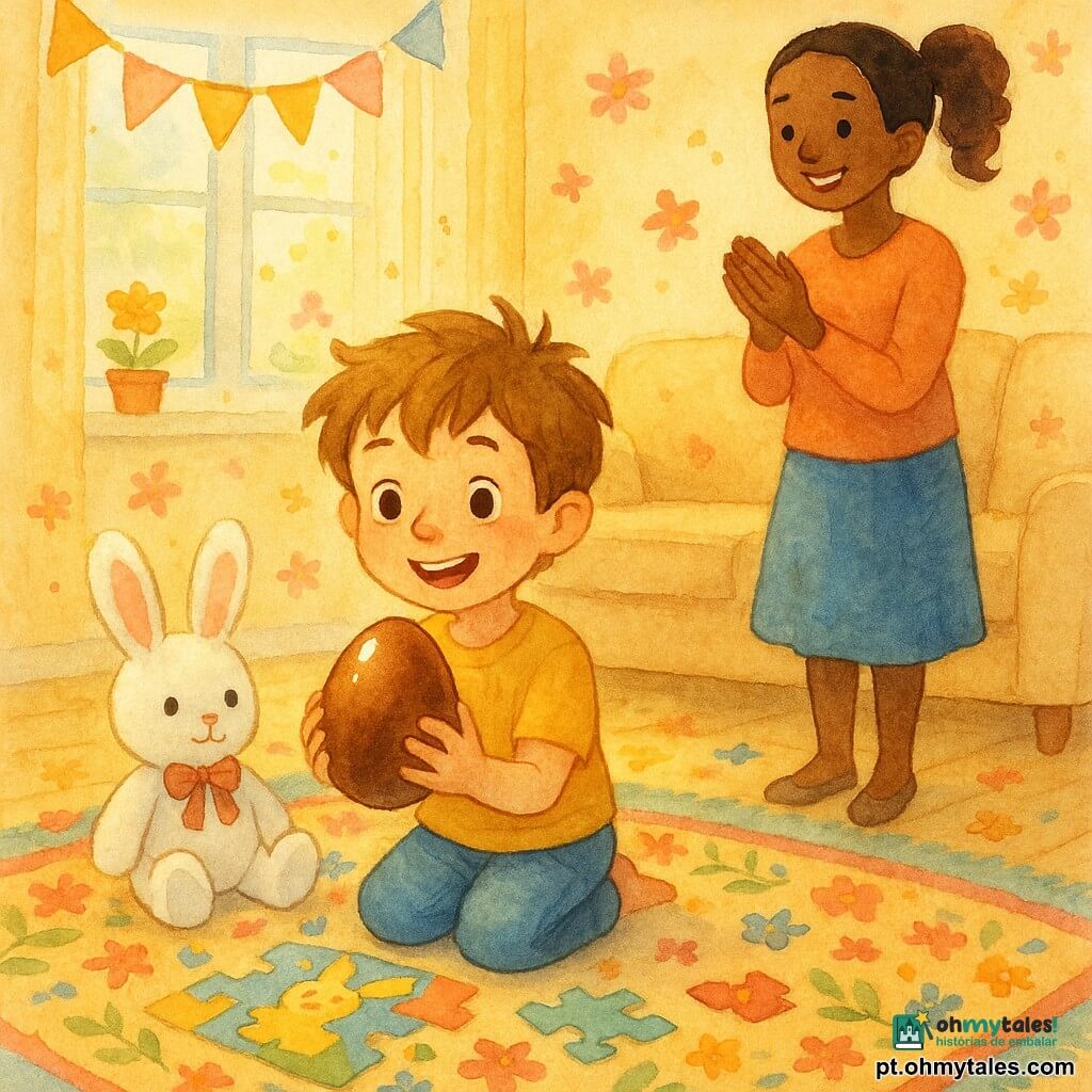Menino de 6 anos, cabelo castanho-claro despenteado, olhos castanhos brilhantes, ajoelhado no tapete da sala segurando um grande ovo de chocolate brilhante; ao lado, uma pelúcia de coelhinho branca com gravata vermelha; mãe de cerca de 32 anos, cabelo castanho preso em rabo de cavalo, sorrindo e aplaudindo ao fundo junto ao sofá; sala iluminada pela manhã com chão de madeira claro, sofá bege, tapete florido colorido, guirlandas e flores de papel; na cena principal, o menino acabou de montar um puzzle de papéis formando um coelho de Páscoa, atmosfera alegre e quente em tons pastel com texturas aquareladas e bordas suaves.
