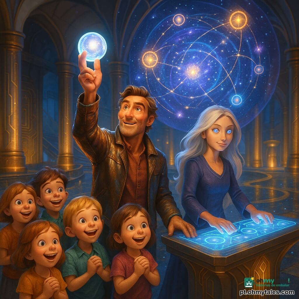 Tarion, homem adulto de traços acolhedores, olhar determinado e sorriso suave, veste jaqueta de couro envelhecida com reflexos metálicos e ergue uma esfera de cristal luminosa ao céu; ao seu lado Astraya, mulher de cerca de 30 anos com olhos cintilantes e cabelos prateados, ativa um painel holográfico com as mãos sobre runas brilhantes. À frente, várias crianças (6–10 anos) em roupas coloridas observam boquiabertas e felizes. O cenário é um museu tecnomágico: grande sala abobadada em metal e vidro com circuitos dourados nas paredes, colunas de luz, piso em mosaico estrelado e passarelas flutuantes; ao centro, um imenso holograma estelar projeta constelações em azul, ouro e violeta, ligando planetas em miniatura e portais cintilantes. Atmosfera de cores saturadas, contrastes quentes e frios, iluminação volumétrica suave e superfícies brilhantes; composição em plano amplo com Tarion e Astraya ao centro, crianças em primeiro plano e holograma dominando o fundo, perspectiva levemente plongeante.