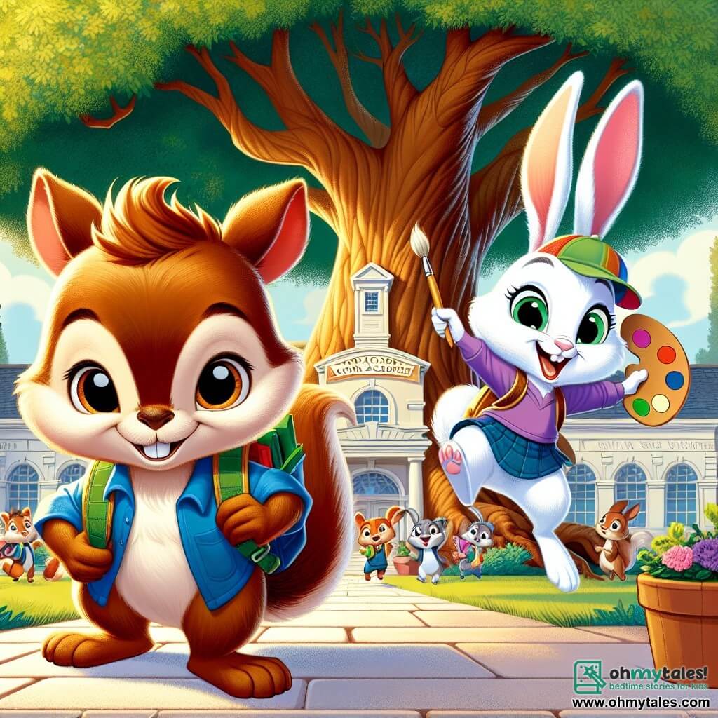 Sammy, a young squirrel with brown fur and sparkling eyes, stands in the center of the image with a big smile on his face, holding a small backpack filled with school supplies. Next to him, Rosie, an adorable rabbit with white fur and large ears, jumps for joy, her eyes shining with excitement, holding a colorful paint palette. In the background, the grand oak of Acorn Academy stands majestically, its leafy branches providing shade to a lively courtyard where other animals gather for the first day of school. The scene exudes a joyful and welcoming atmosphere, filled with bright colors and smiles, as the young animals prepare for a day of learning and friendship.