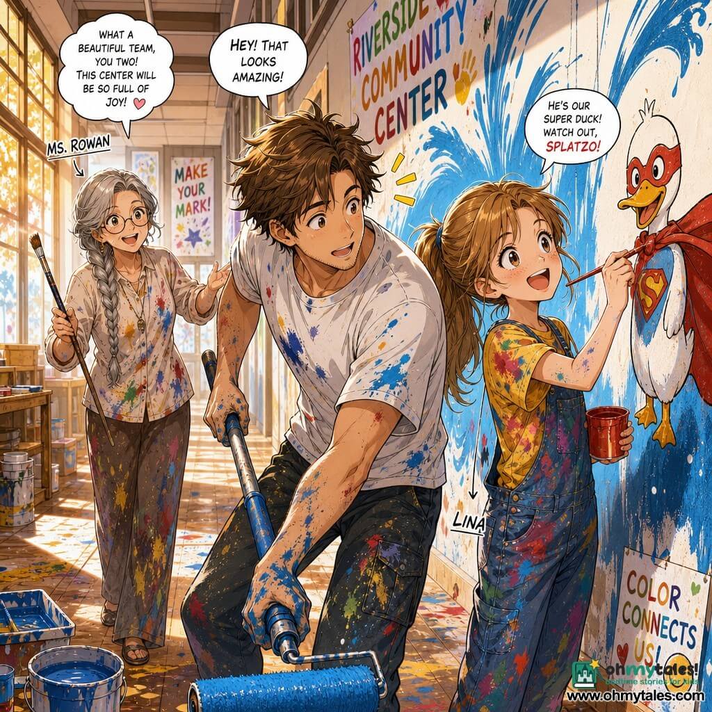 The main character is Milo (about 25–30), a soft-faced, focused man with messy brown hair and paint-stained hands and tee, leaning forward and rolling a large blue paint roller on a wall, surprised but smiling; to his right stands Lina (about 11), bright-eyed with a ponytail and colorful-stained clothes, holding a small pot of red paint and turning Milo’s accidental dramatic blue wave into a joyful scene by painting a caped duck and a little boat; slightly behind and to the left Ms. Rowan (about 60), grey hair in a braid, round glasses and a stained smock, watches encouragingly with a long brush; the setting is a sunlit community center corridor with a half-painted white wall, paint-splattered wooden floor, scattered buckets, tarps and pots, and warm late-afternoon light through large windows.
