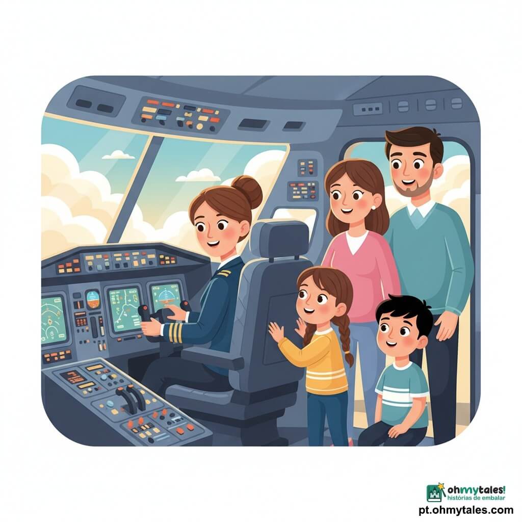 Piloto adulta calma e sorridente, cabelos castanhos presos em coque, vestida com uniforme azul-marinho com ombreiras douradas, mãos no manche, olhar gentil à frente; menina Leonor, cerca de 8 anos, cabelos castanhos em trança, olhos curiosos, em pé junto à porta do cockpit ao nível da piloto, mãos no batente, maravilhada; menino Tiago, cerca de 7 anos, cabelo curto e preto, expressão apreensiva que vira sorriso tímido, sentado na ponta dos pés junto à mãe no corredor, observando a piloto e a janela; mãe e pai protetores e sorridentes atrás das crianças, mãe segurando a mão de Tiago; cockpit espaçoso e luminoso com painéis de comando e telas mostrando cartas de voo, grande janela frontal com nuvens brancas e céu azul; situação: a piloto explica calmamente às crianças sobre as nuvens e os instrumentos, atmosfera calorosa e tranquilizadora com luz dourada matinal e tons pastéis, composição centrada nas interações humanas e na janela com nuvens ao fundo.