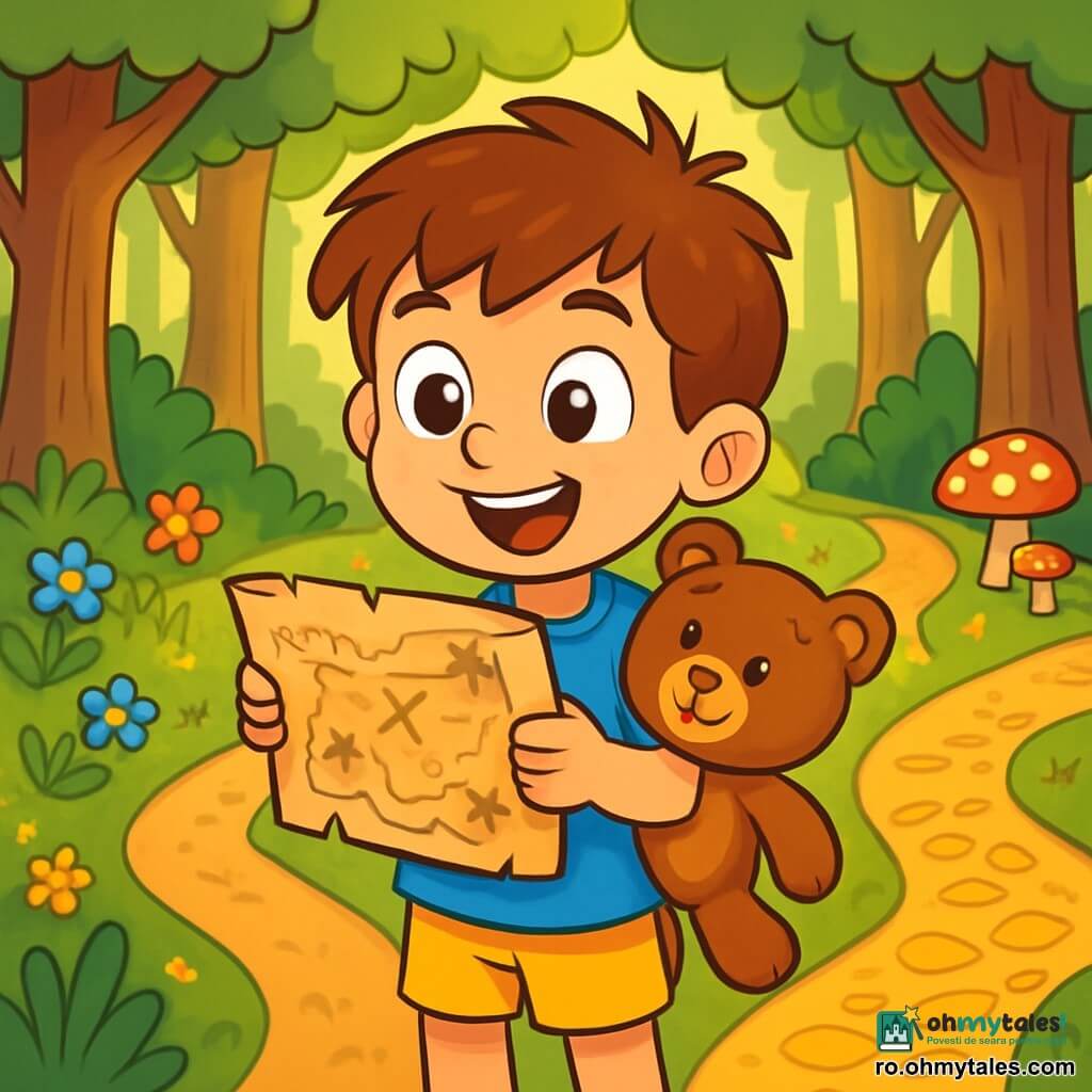 Un băiat de 6 ani, pe nume Luca, cu părul castaniu și ochii mari strălucitori de curiozitate, ține o veche hartă a comorii în mâini. Poartă un tricou albastru și o pereche de șort galben, iar fața lui exprimă o excitare palpabilă, cu un zâmbet larg și obrașii roșii de entuziasm. Lângă el, ursulețul său de pluș, Tedi, este strâns sub braț, având blana moale și ochii strălucitori, ca și cum ar împărtăși aventura. Decorul este o pădure densă, cu copaci măreți și frunze verzi strălucitoare, filtrând lumina soarelui în raze aurii. Flori colorate împânzesc solul, iar ciuperci cu forme ciudate adaugă o notă de magie mediului. Luca stă la intrarea unui drum misterios, ezitând între trei poteci: una mărginită de flori albastre strălucitoare, alta pavată cu pietre sclipitoare și ultima acoperită cu frunze aurii. Se uită cu hotărâre, pregătit să-și aleagă calea spre descoperirea comorii ascunse.
