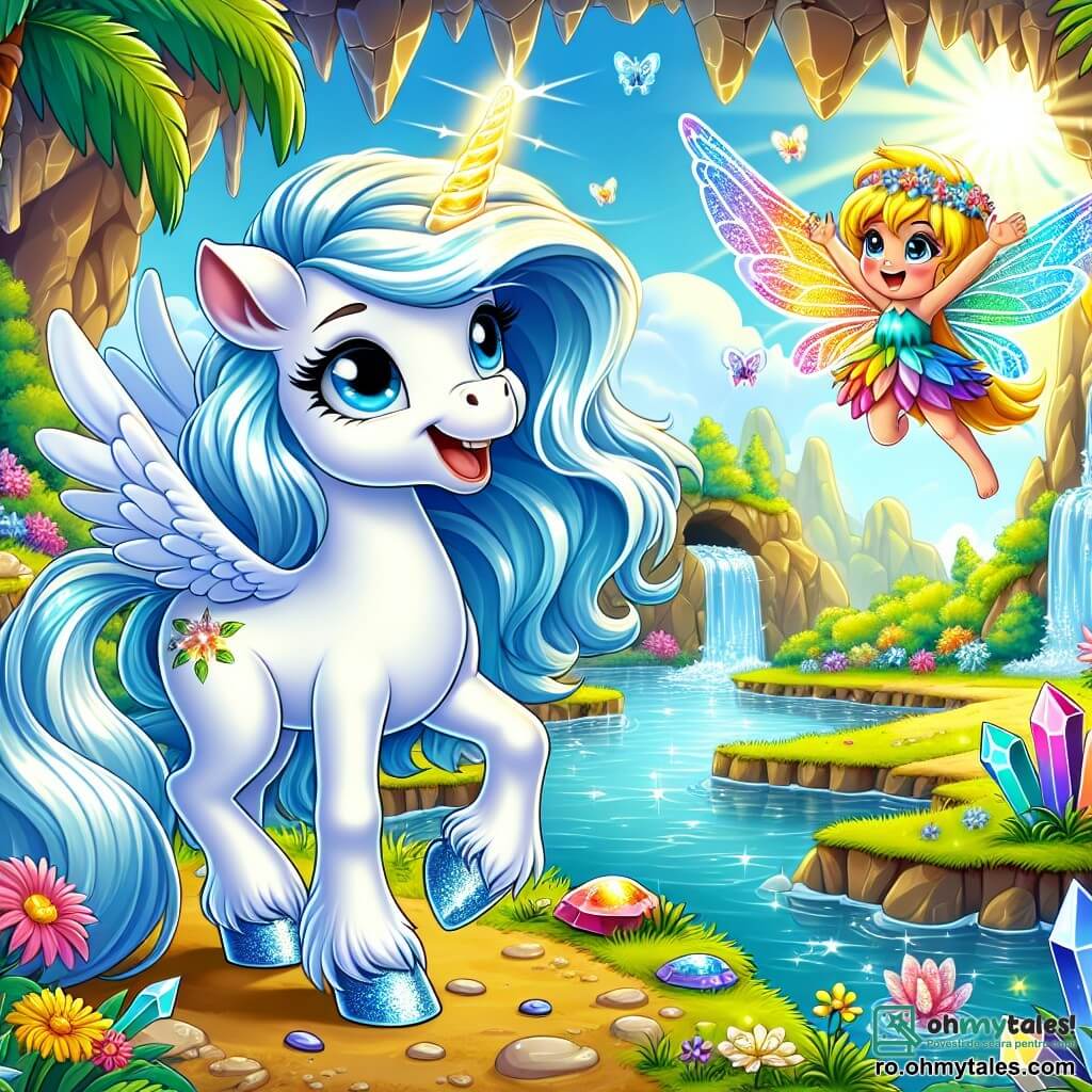 O splendidă unicorniță, numită Lila, se află în centrul imaginii, cu un blană alb strălucitor și o coamă aurie care strălucește la soare. Cornul său de cristal scintilează în toate culorile curcubeului, având o expresie de bucurie și curiozitate, pregătită să exploreze lumea din jur. Lângă ea, Aqua, o mică raie cu pene albastre vii, zboară veselă în aer, având un zâmbet larg. Ea pare plină de energie și entuziasm, gata să o ghideze pe Lila în aventurile sale. În fundal, o oază magică se desfășoară, cu palmieri verzi, flori colorate și apă cristalină care scintilează sub soare. Cristale strălucitoare ies din stânci, adăugând o notă de magie acestui peisaj fermecător. Scena o reprezintă pe Lila și Aqua, pregătite să intre într-o peșteră misterioasă, unde cristale colorate scintilează, simbolizând aventura și descoperirea de noi prieteni.