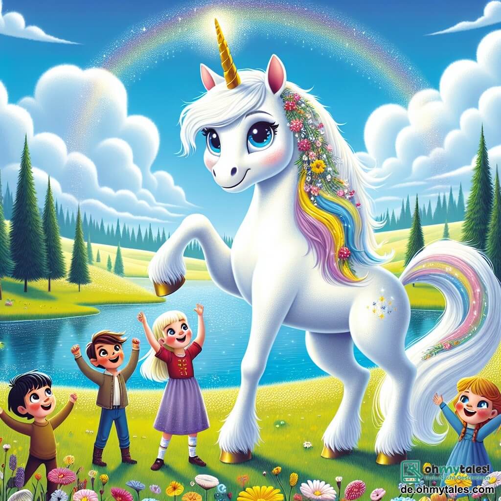 Eine wunderschöne Einhorn namens Luna steht am Ufer eines großen, funkelnden Sees, mit strahlend weißem Fell und einer bunten Mähne, die in der Sonne glänzt. Ihre großen, ausdrucksvollen Augen zeigen Freude und Staunen, während sie eine Gruppe von Kindern betrachtet, die sie umgeben. Max, ein 8-jähriger Junge mit braunen Haaren und funkelnden Augen, hebt einen goldenen Horn, die Arme zum Himmel erhoben, mit einem breiten Lächeln im Gesicht. Neben ihm tanzen seine Freunde, ein 7-jähriges blondes Mädchen namens Clara und ein 9-jähriger Junge mit schwarzen Haaren namens Tom, fröhlich um Luna herum, ihre Gesichter strahlen vor Glück. Die Kulisse ist eine weite grüne Wiese, übersät mit bunten Blumen, die im Wind tanzen, unter einem hellblauen Himmel mit flauschigen Wolken. Im Hintergrund säumen majestätische Bäume den See, und Sonnenstrahlen filtern durch die Blätter und schaffen eine magische Atmosphäre. Die Hauptszene zeigt Max, Clara und Tom, die um Luna herum spielen, während sie die Ankunft ihrer Freunde mit der magischen Kraft des Horns feiern, erfüllt von Lachen und Aufregung.