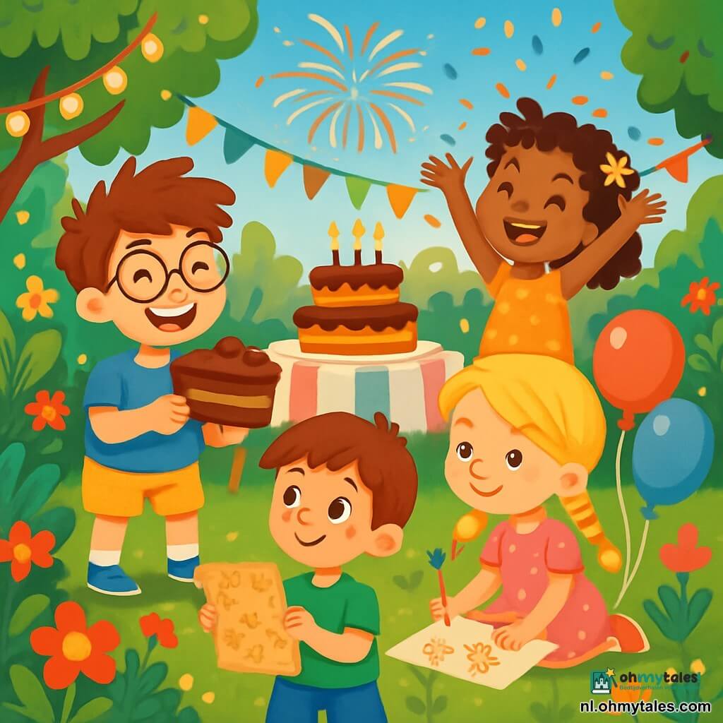 Er zijn 4 kinderen: Tim, een 8-jarig jongetje met tousled bruin haar en ronde bril, draagt een blauwe t-shirt en een gele short en glimlacht vrolijk terwijl hij een groot stuk chocoladecake vasthoudt. Emma, een 7-jarig meisje met lange, gevlochten blonde haren en een roze stippenjurk, zit op het gras omringd door gekleurde ballonnen en tekent sterren op een vel papier. Sam, een 8-jarige jongen met kastanjebruin haar en sproeten, draagt een groene t-shirt en korte broek, houdt een schatkaart vast en kijkt nieuwsgierig om zich heen. Mila, een 7-jarig meisje met krullend haar en een bloemenkrans, staat met haar armen omhoog, klaar om te applaudisseren, omringd door confetti die uit de lucht valt. De scène speelt zich af in een zonnige tuin vol kleurrijke bloemen, weelderig groen en glinsterende lichtslingers, met op de achtergrond een grote tafel gedekt met een gestreepte tafelkleed en een enorme verjaardagstaart, omringd door zwevende ballonnen. De kinderen vieren Tim's verjaardag met vreugde, lachen, spelen en kijken naar de kleurrijke vuurwerkshow.