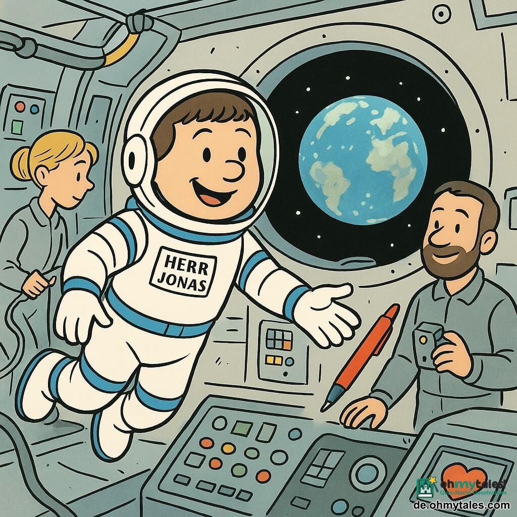 Ein lächelnder, beruhigter Astronaut, Herr Jonas, mit rundem Gesicht und kurzen braunen Haaren unter einem teilweise geöffneten Helm trägt einen weißen Raumanzug mit blauen Streifen, schwebt nahe einem großen Bullauge und greift nach einem im All schwebenden Stift; eine etwa 35-jährige Kollegin mit blondem Dutt, ruhigem konzentriertem Ausdruck, hält ein Werkzeugtablett und repariert neben Herr Jonas links im Hintergrund ein Kabel; ein etwa 40-jähriger Kollege mit kurzem Bart in grauer Kombi steht rechts bei einer Konsole, lächelt und hält ein Messgerät; Innenraum einer Raumstation mit hellen Metallwänden, Bedienfeldern mit bunten Tasten, ordentlich verlegten Kabeln und Beschriftungen, das große runde Bullauge zeigt die blaue und weiße Erde; Hauptszene ruhig und warm, der Astronaut zeigt den Kollegen die Erde und lässt lachend einen Stift schweben, auf einer Vordergrundkonsole klebt ein rundes Herzaufkleber, sanftes Licht, klare Konturen, farbenfroh, geeignet für Kleinkinder.