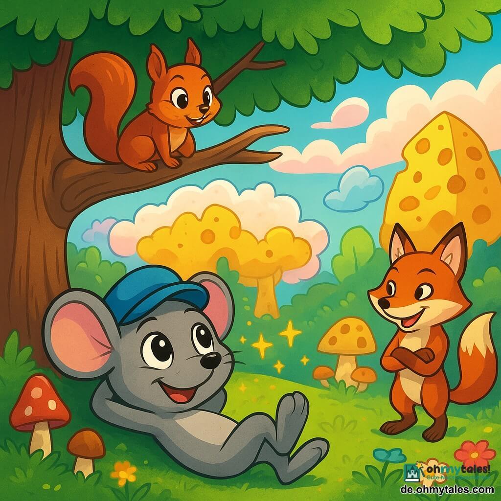 Maximilian Maus, eine kleine graue Maus mit großen, funkelnden Augen und einer niedlichen Mütze, liegt unter einem großen Baum mit leuchtend grünen Blättern und hat ein freudiges Lächeln im Gesicht. Er träumt, umgeben von kleinen, leuchtenden Sternen, die um ihn herum schweben. Celia, ein niedliches Eichhörnchen mit rotem Fell und buschigem Schwanz, sitzt auf einem Ast direkt über ihm und beobachtet ihren Freund mit einem amüsierten und neugierigen Blick. Fridolin Fuchs, ein leuchtend orangefarbener Fuchs mit schelmischen Augen, steht etwas weiter weg, die Pfoten verschränkt, und lacht leise über die Situation. Der Ort ist ein wunderschöner Waldgarten, gefüllt mit bunten Blumen, seltsamen Pilzen und Sonnenstrahlen, die durch das dichte Laub brechen und eine magische, friedliche Atmosphäre schaffen. Die Hauptsituation zeigt Maximilian Maus, der von einem fantastischen Abenteuer träumt, umgeben von Elementen seines Traums, wie Zuckerwolken und Käsebäumen, während seine Freunde ihn mit Staunen und Vergnügen beobachten.