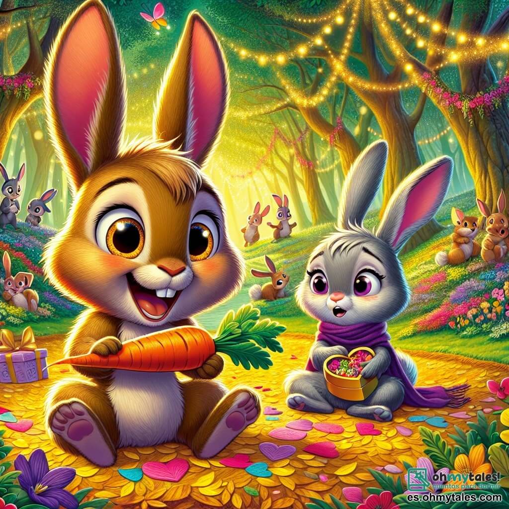Timo, un pequeño conejo de grandes orejas y pelaje marrón suave, está sentado sobre una alfombra de hojas doradas, con una gran sonrisa alegre y ojos brillantes de emoción. Sostiene en sus patas una bonita zanahoria de papel decorada con pétalos coloridos. A su lado, Lila, una conejita de pelaje gris plateado y bufanda violeta, mira a Timo con una expresión asombrada y cómplice, sosteniendo una pequeña caja llena de corazones de papel. El decorado es un claro encantado del Bosque de los Suspiros, iluminado por luciérnagas brillantes y rodeado de árboles majestuosos con ramas cargadas de flores coloridas. Al fondo, los animales del bosque bailan y ríen, creando una atmósfera festiva y cálida. La escena principal muestra a Timo y Lila preparando sus regalos para el Día de San Valentín, rodeados de guirnaldas de flores y pequeños paquetes coloridos, compartiendo un momento de alegría y amistad.