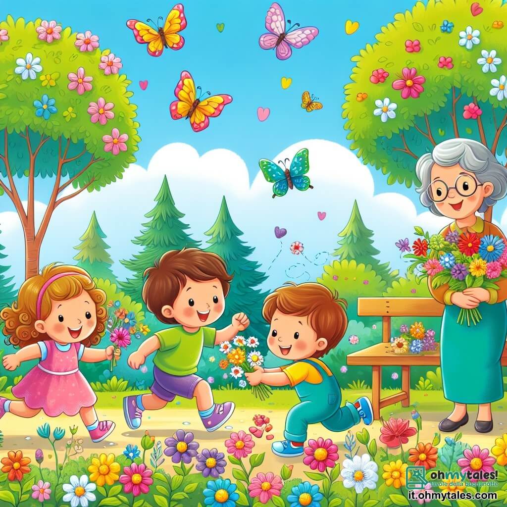 In un bel giardino primaverile, cinque bambini giocano insieme. Sara, una bambina di tre anni con capelli ricci e un vestito rosa, corre gioiosamente tenendo un mazzo di fiori colorati. Marco, un ragazzo di tre anni con capelli castani e una maglietta blu, si ferma ad ascoltare gli uccelli cantare. Accanto a lui, Emma, una bambina di tre anni con un vestito giallo brillante, si inginocchia per ammirare una bella farfalla che vola intorno a lei. Luca, un ragazzo di tre anni con gli occhiali e una maglietta verde, sorride mostrando un albero le cui foglie iniziano a diventare verdi. Infine, l'insegnante, la gentile signora Anna, una donna sorridente con capelli castani, li osserva con benevolenza, seduta su una panchina di legno. Il giardino è pieno di fiori multicolori, grandi alberi con foglie verdi e un cielo blu splendente. Le farfalle danzano intorno ai bambini, aggiungendo magia alla scena. I bambini si divertono a raccogliere fiori mentre ridono e ballano, celebrando la bellezza della natura in primavera.