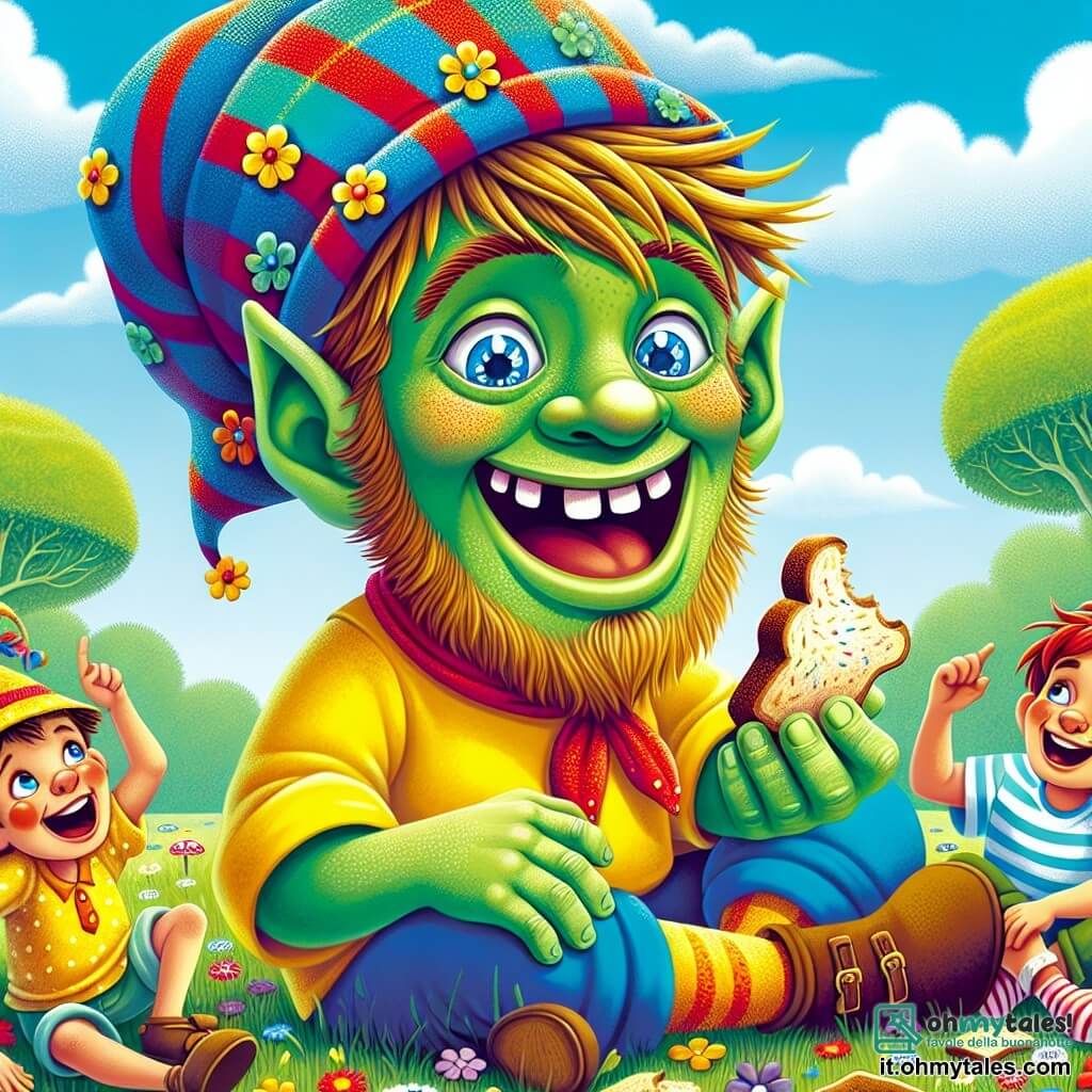 Un gigante gioioso di nome Gigi, con un grande sorriso splendente e occhi pieni di curiosità, è seduto sull'erba verde, indossando un enorme cappello a righe blu e rosse. La sua pelle è di un verde tenue, punteggiata di piccoli fiori colorati. Tiene un pezzo di pane nella sua mano gigante, pronto a condividerlo. Accanto a lui, un ragazzo di 8 anni di nome Marco, con i capelli castani arruffati e una maglietta gialla, ride mentre indica un pezzo di pane che Gigi sta per mangiare. Un'altra persona, una ragazza di 7 anni di nome Lucia, con trecce rosse e un vestito a pois, si nasconde dietro la gamba di Gigi, gli occhi brillanti di eccitazione. Il luogo è un campo soleggiato, punteggiato di fiori multicolori e circondato da alberi maestosi, sotto un cielo blu chiaro punteggiato di nuvole bianche e soffici. La scena principale mostra Gigi, il gigante, che condivide un allegro picnic con i bambini, ridendo insieme e gustando deliziosi cibi, creando un'atmosfera di felicità e amicizia.