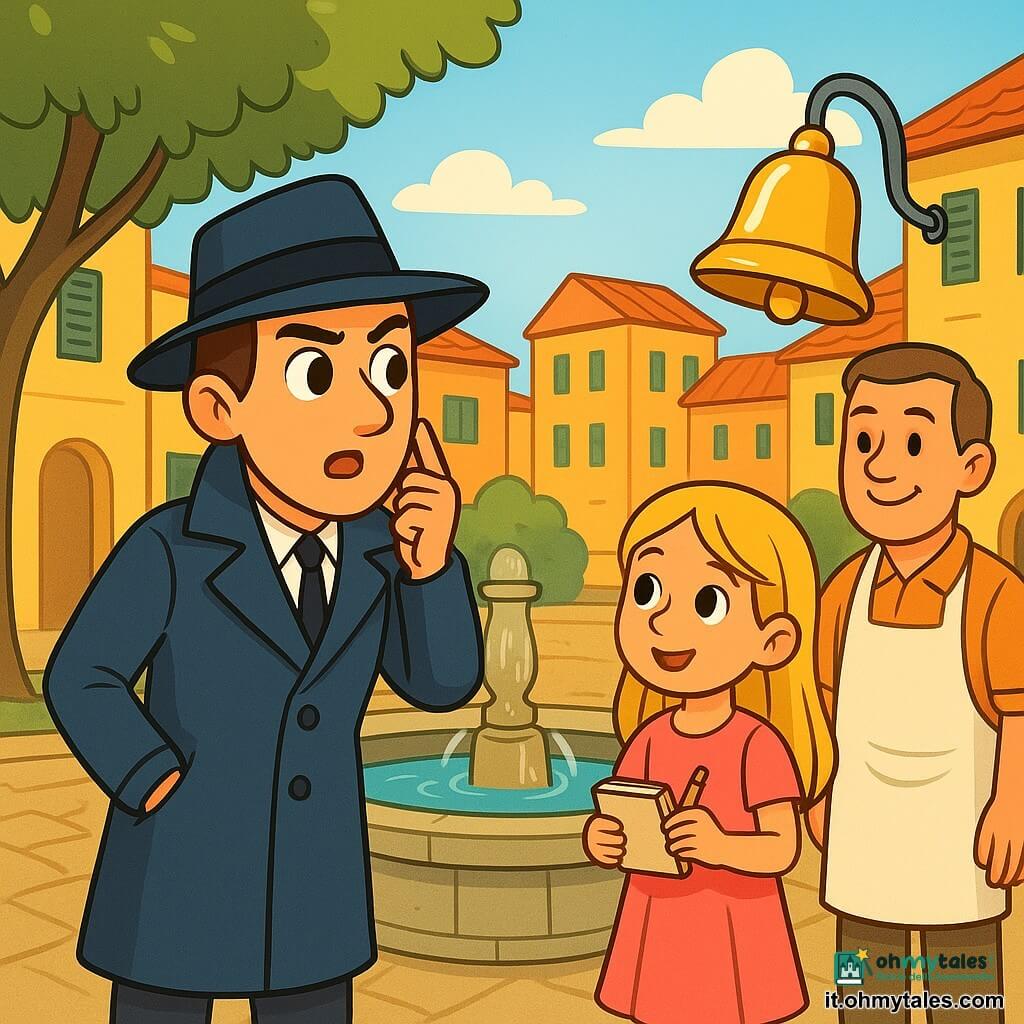 Un detective di nome Marco si trova accanto a una fontana di pietra, con uno sguardo determinato e curioso. Indossa un lungo cappotto blu e un cappello nero, i suoi occhi brillano di eccitazione mentre ascolta attentamente il suono di una campana. Accanto a lui, una bambina bionda di circa 8 anni guarda con meraviglia, vestita con un abito rosa e con un piccolo taccuino in mano. Un uomo di mezza età, il panettiere, è un po' in disparte, con un grembiule bianco e un sorriso amichevole, osservando la scena con interesse. La scena si svolge in una piazza italiana, illuminata da una luce dorata e circondata da case colorate. Marco ascolta il suono di una campana dorata che risuona in lontananza, mentre bambini e adulti si radunano attorno a lui, curiosi di scoprire il mistero del campanellino scomparso.