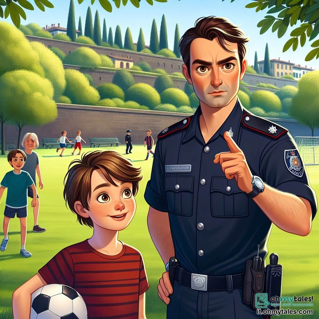 Un poliziotto, un uomo di circa trent'anni, si trova saldamente al centro dell'immagine. Indossa una divisa blu scuro, con un distintivo lucente sul petto, e il suo volto esprime determinazione e coraggio. I suoi capelli castani sono leggermente arruffati e ha occhi vivaci che scrutano l'ambiente. Accanto a lui, un ragazzo di undici anni, di nome Luca, è rappresentato con un ampio sorriso. Ha capelli castani e indossa una maglietta rossa e pantaloni corti blu. Tiene un pallone da calcio sotto il braccio, guardando il poliziotto con ammirazione ed eccitazione. La scena si svolge in un parco verdeggiante di Firenze, con alberi maestosi e fiori colorati che bordano un sentiero di ghiaia. Sullo sfondo, si vedono bambini che giocano a calcio su un campo erboso, mentre famiglie passeggiano tranquillamente. La situazione principale mostra il poliziotto che interroga un uomo sospetto, che si trova un po' in disparte, con aria nervosa. Marco, il poliziotto, punta il dito verso l'uomo, mentre Luca osserva con occhi spalancati, pronto ad apprendere come il suo eroe risolve il mistero.