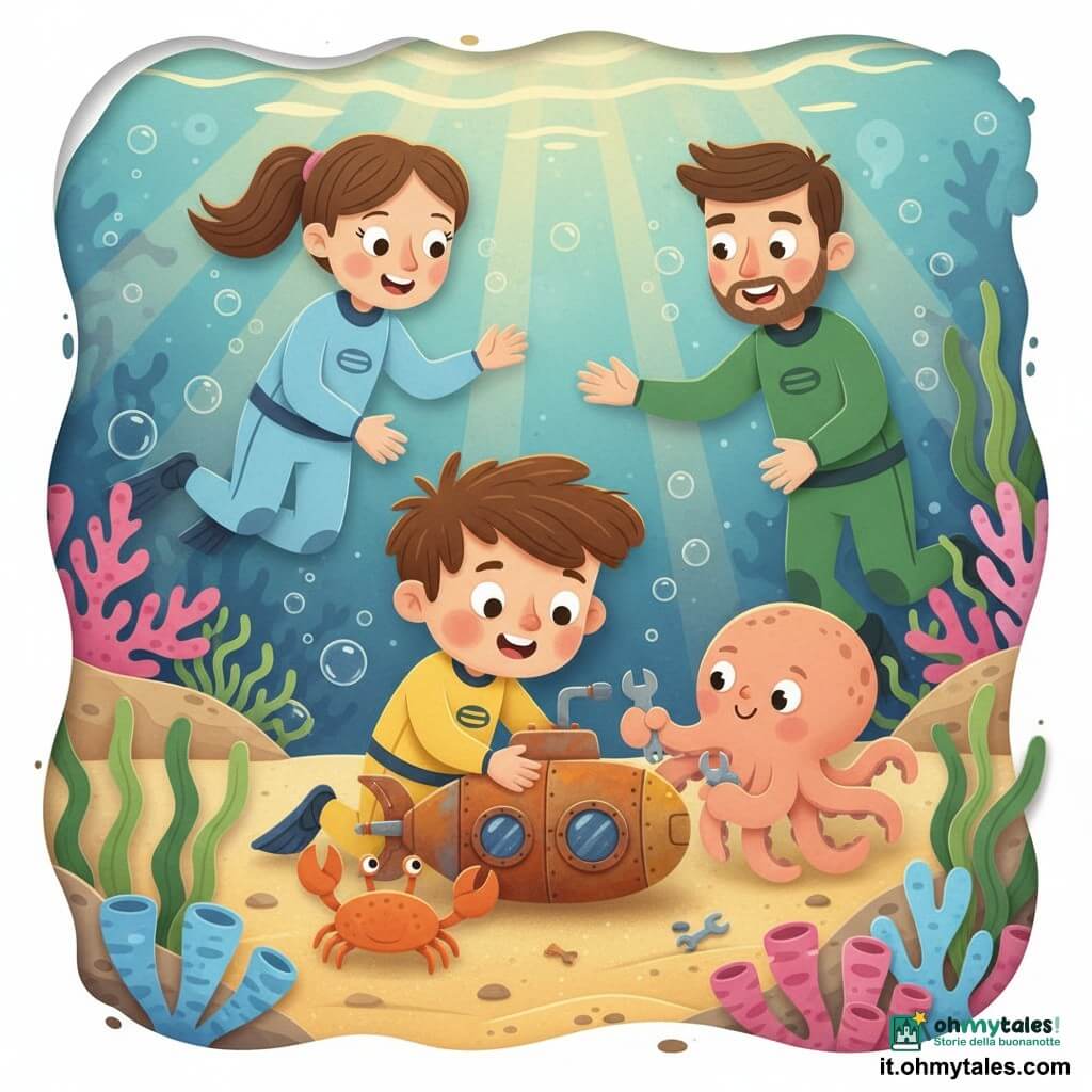 Bambino di 4 anni, gioioso e concentrato, capelli castani spettinati, grandi guance e occhi curiosi, con una muta gialla, ripara delicatamente un mini sottomarino arrugginito sulla sabbia; una mamma di circa 30 anni, sorridente e premurosa, capelli raccolti e muta azzurro chiaro, sta al margine dell’acqua a guardare con orgoglio; un papà di circa 32 anni, rassicurante con leggera barba e muta verde, è sulla riva vicina con la mano tesa a incoraggiare; un gentile polipo color pesca con tentacoli morbidi tiene una chiave inglese aiutando a fissare un pezzo a destra del bambino; un piccolo granchio arancione con grosse chele tiene minuscoli pezzi davanti al sottomarino pronto a passarli; baia sottomarina luminosa con sabbia dorata, coralli rosa e blu dalle forme arrotondate, alghe verdi ondeggianti, bolle e raggi di sole filtrati; momento caldo e accurato di collaborazione per riparare il mini sottomarino, atmosfera di aiuto, colori vivaci, texture effetto carta ritagliata, forme semplici e rassicuranti.
