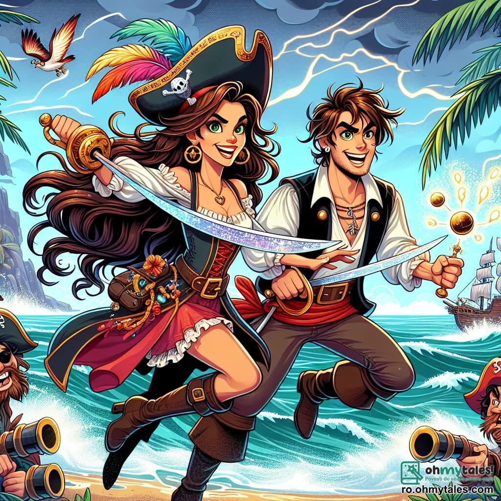 Scena o reprezintă pe Livia, o tânără pirată de aproximativ 30 de ani, cu părul lung și brun fluturând în vânt, purtând o pălărie mare de pirat împodobită cu pene colorate. Fața ei exprimă o determinare îndrăzneață în timp ce mânuiește o sabie strălucitoare, pregătită să-și apere comoara. Lângă ea se află Nelu, un băiat de 25 de ani, cu părul în dezordine și un zâmbet ștrengar, care jonglează cu mingi de tun, râzând în timp ce încearcă să distragă pirații inamici. În fundal, marea este agitată, cu valuri înspumate și un cer înnorat, în timp ce o insulă misterioasă se profilează la orizont, acoperită cu palmieri și flori strălucitoare. Situația principală arată cum Livia și Nelu se află în mijlocul unei bătălii împotriva piraților rivali, cu străluciri de lumină din săbiile lor și strigăte de aventură care răsună în aer, creând o atmosferă de tensiune și excitație.